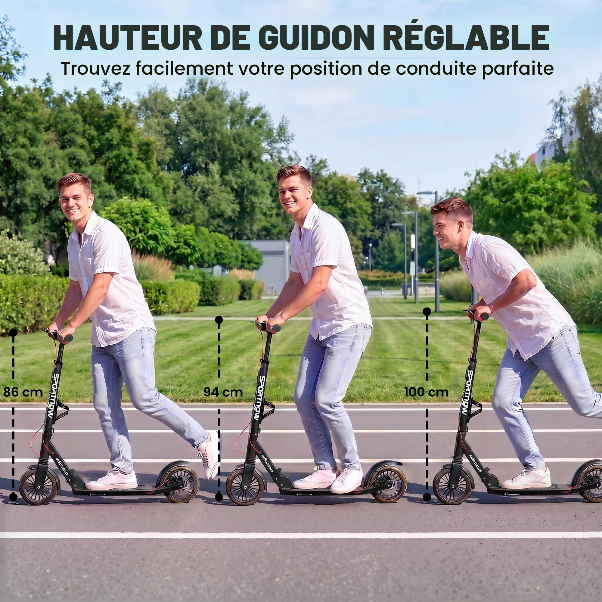 SPORTNOW Trottinette de ville en aluminium réglable en hauteur et pliable, avec roues en polyuréthane de 200 mm, roulements à billes ABEC-7, double système de frein, porte-gobelet, jusqu'à 100 kg