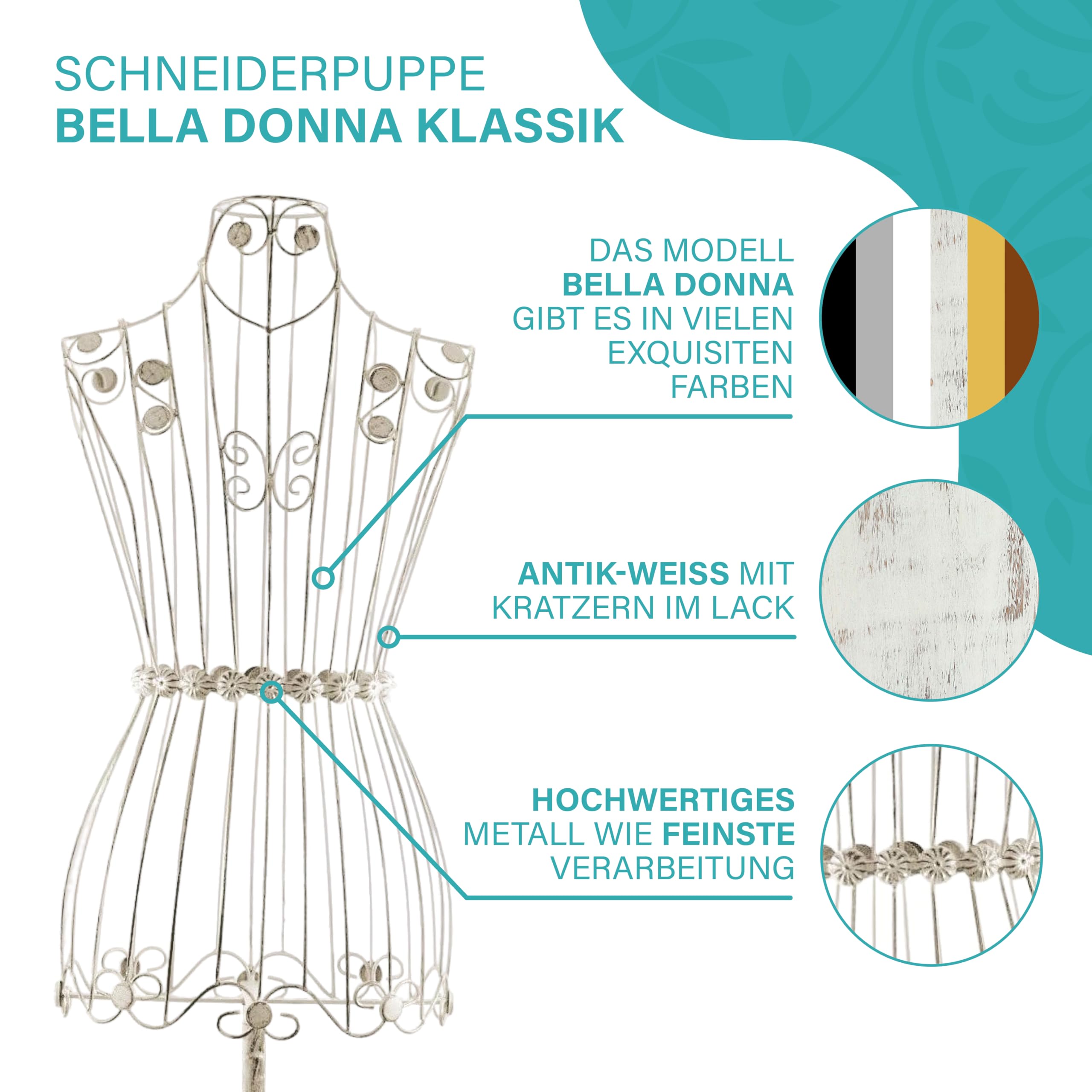 PrimoLiving Metall Schneiderpuppe Bella Donna in Antik-Weiß - Vintage Kleiderpuppe - ideal als weibliche Schaufensterpuppe oder Kleiderständer - P-05224