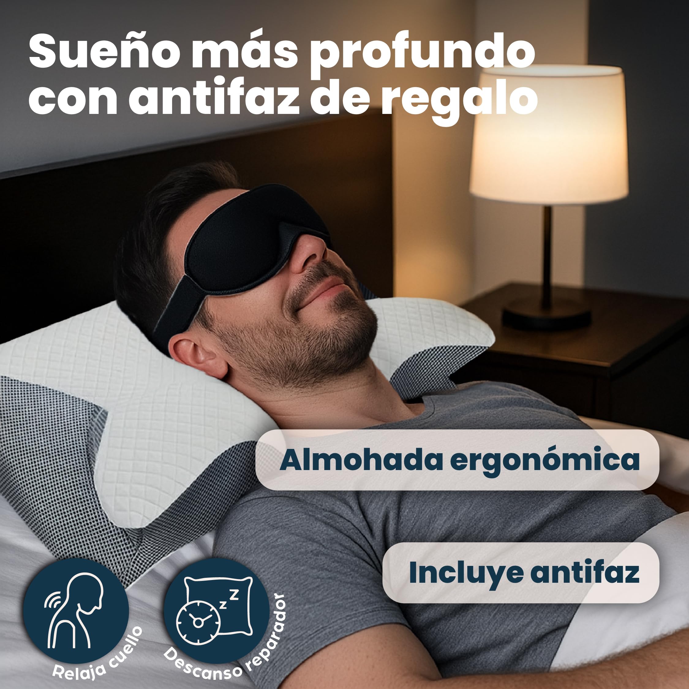 Almohada Cervicales y Cuello - Adiós al Dolor, Mejora tu Descanso + Antifaz | Almohada cervical, ergonómica, antironquido; postura ideal que favorece el descanso y reduce ronquidos.