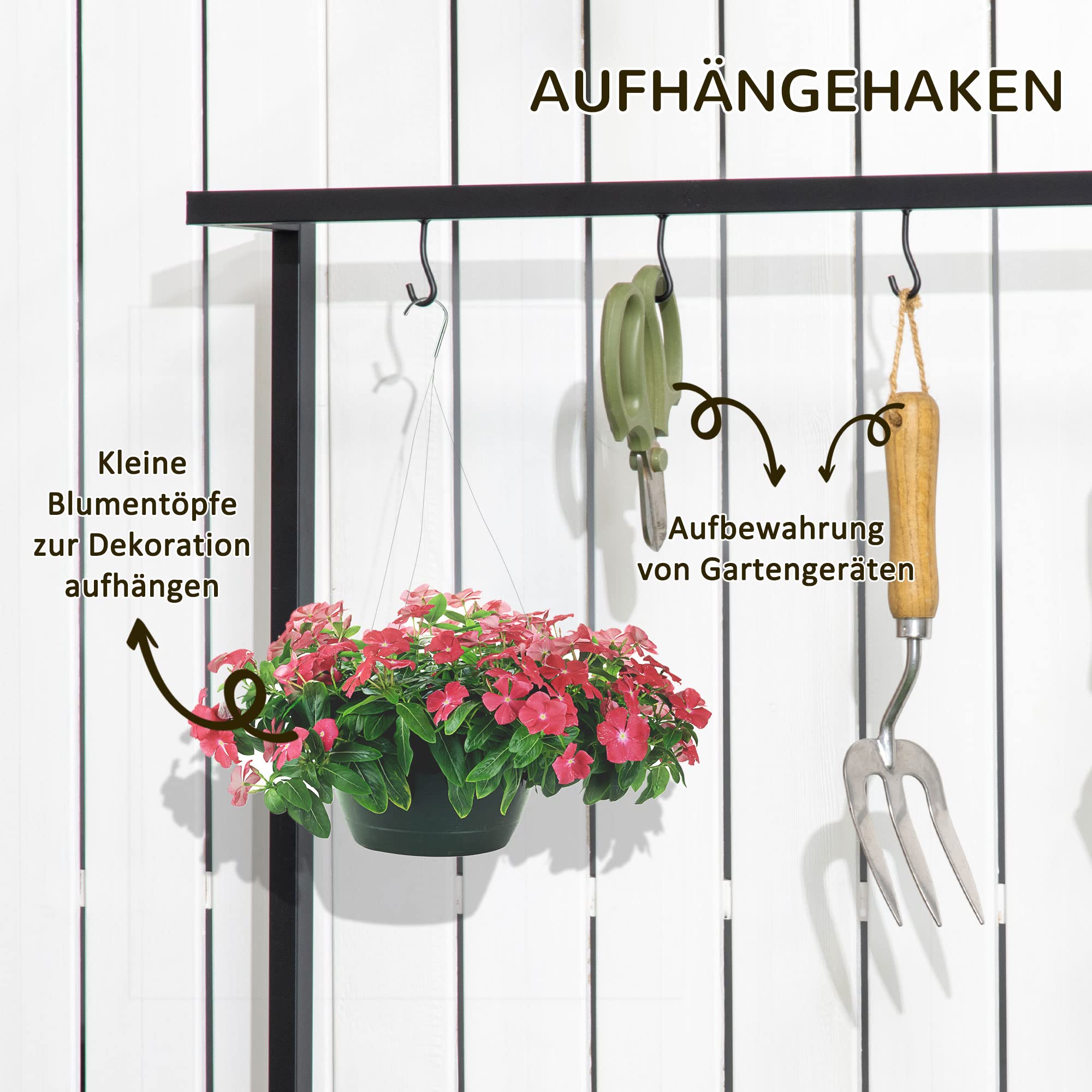 Outsunny 3-Etagen Pflanzenregal aus Metall und Massivholz Schwarz+Natur | Blumentreppe, Pflanzenständer, mit Befestigungshaken, für den Garten