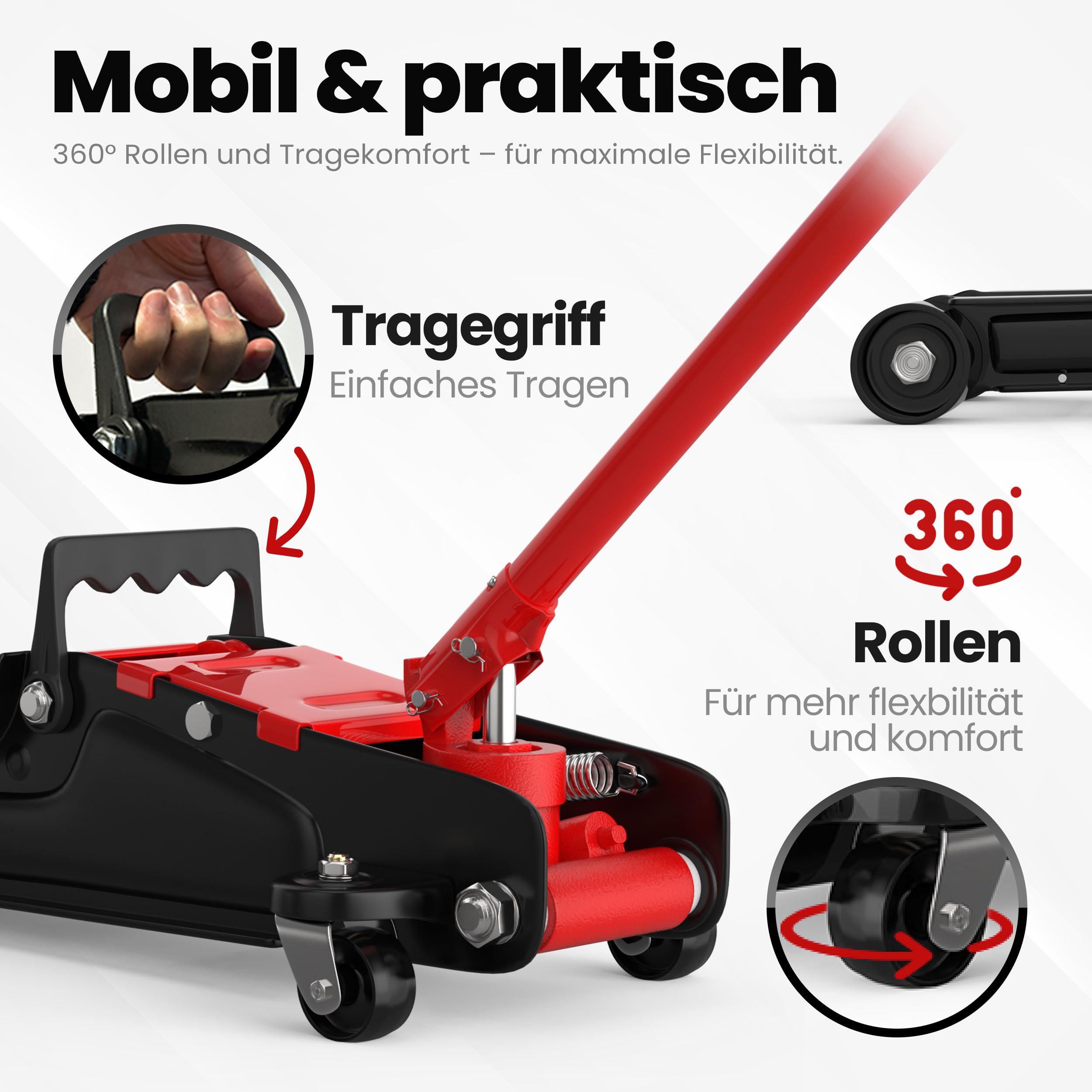 Wagenheber 2,5T extra flach – Hydraulischer Rangierwagenheber mit Transportkoffer, 3 Gummiauflagen & Adapter – Auto Wagenheber für PKW bis 2.500 kg (Rot)