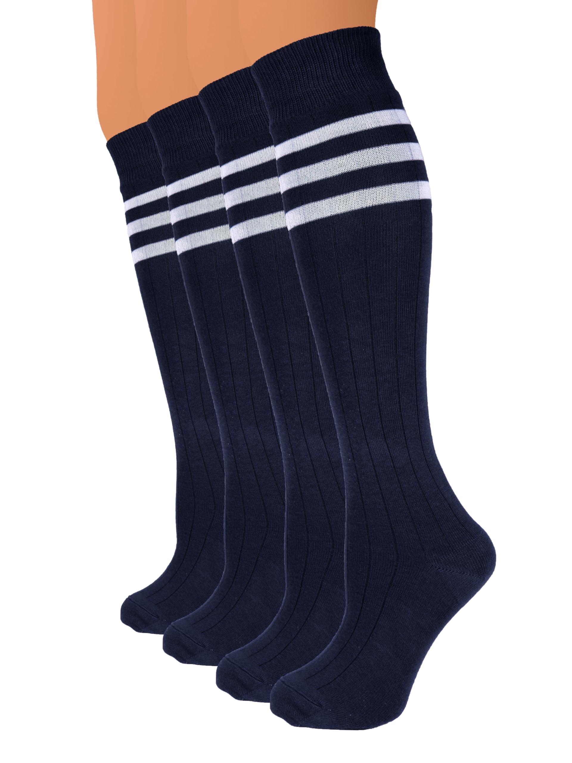 Hugh Ugoli Women Cotton Knee High Socks, Plain & Striped Long Dress Socks, Soft, Lightweight, Shoe Size 5-8/8-11, 4 Pairs