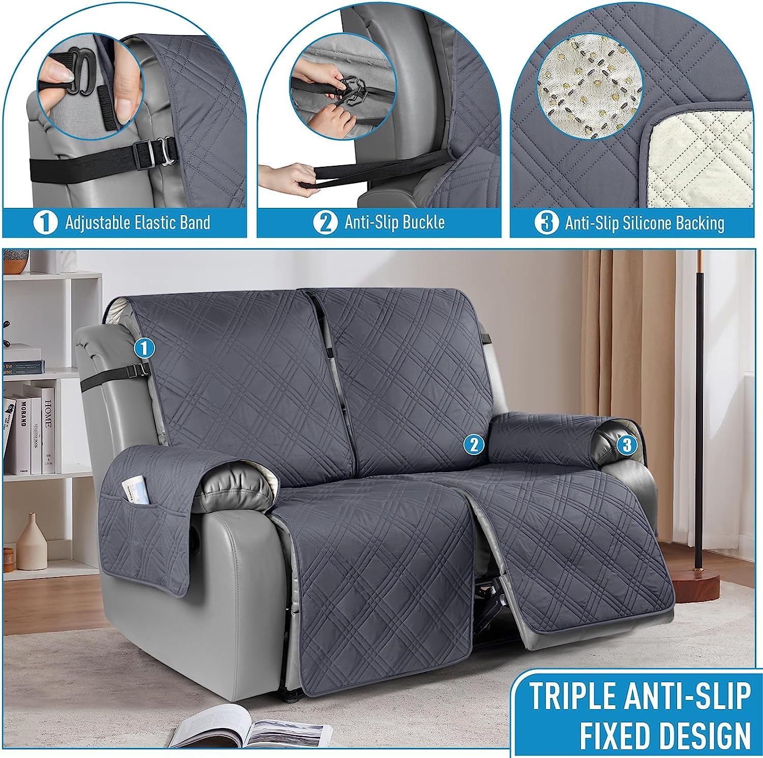 LINGKY Housse de Fauteuil Relax, Housse de Fauteuil Relax Inclinable Electrique, Housse de Fauteuil Inclinable Antidérapant, Protecteur pour Fauteuil Inclinable (Gris Foncé,2 Places)