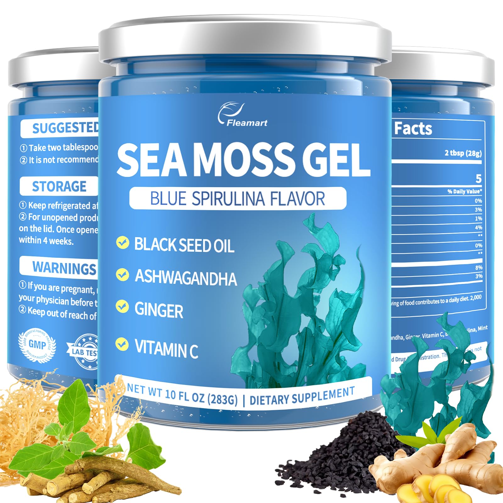 Sea Moss Gel Blue Spirulina Flavor, Wildcrafted Irish Seamoss Gel, 10 OZ 10 Fl Oz (Pack of 1)