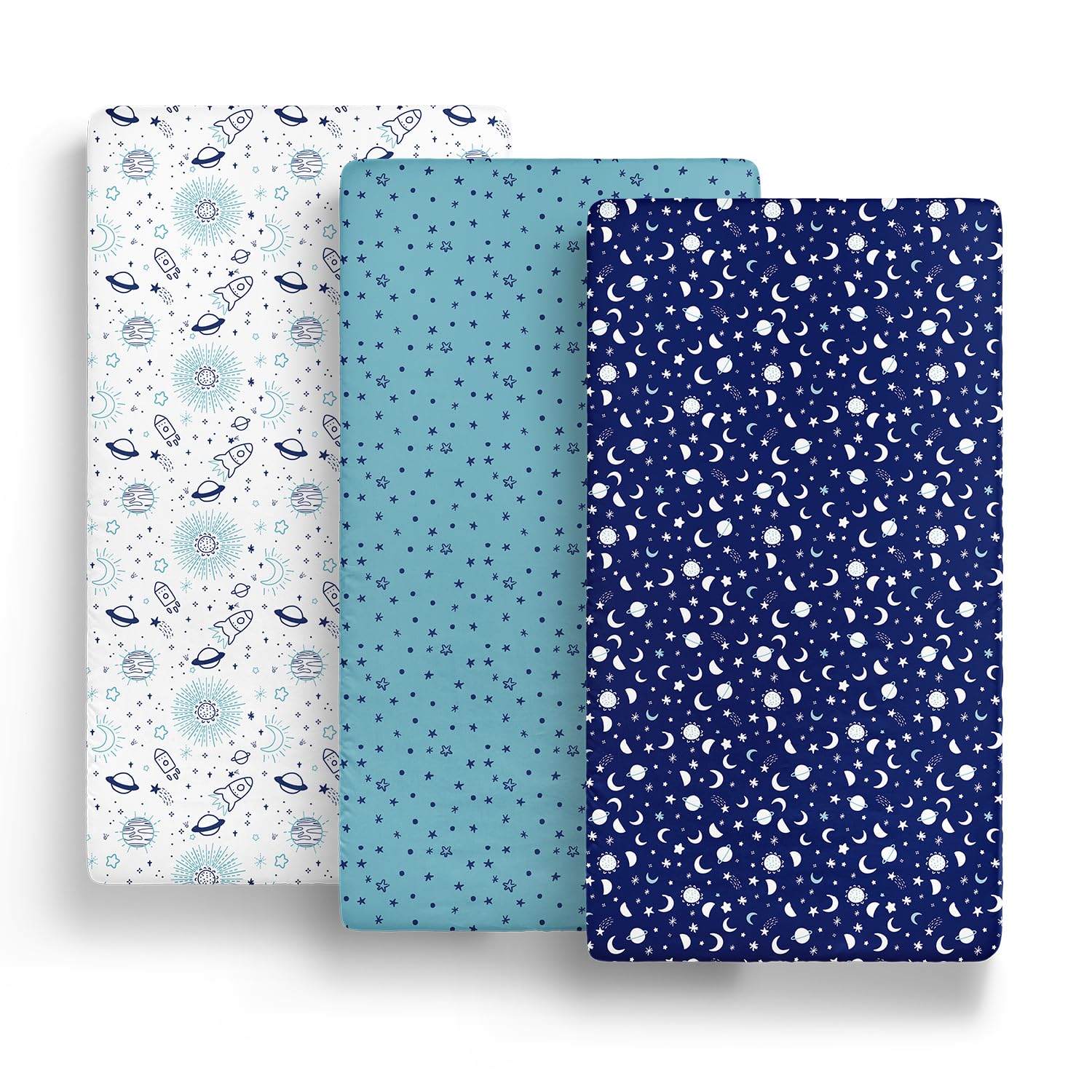 The Peanutshell Pack n Play - Sábanas bajeras para cuna pequeña, sábanas para corralito, ropa de cama portátil para cuna para niños o niñas, espacio celestial, paquete de 3