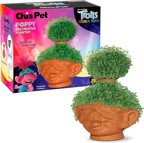 Chia Pet Trolls, Poppy World Tour con paquete de semillas, maceta decorativa de cerámica, fácil de hacer y divertido de cultivar, regalo novedoso,