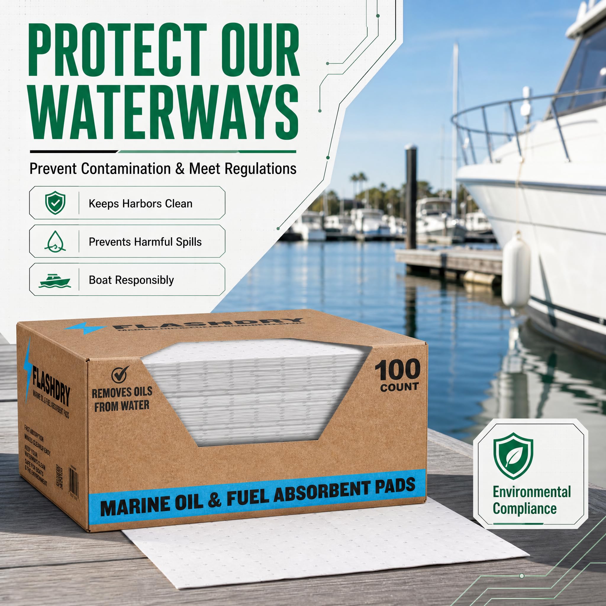 FLASHDRY Almohadillas absorbentes de Aceite Marino y derrames de Combustible – Caja de 100 Unidades, 17.5 x 13.5 Pulgadas, Repelente al Agua, Control eficaz de derrames, protección Marina, Alto