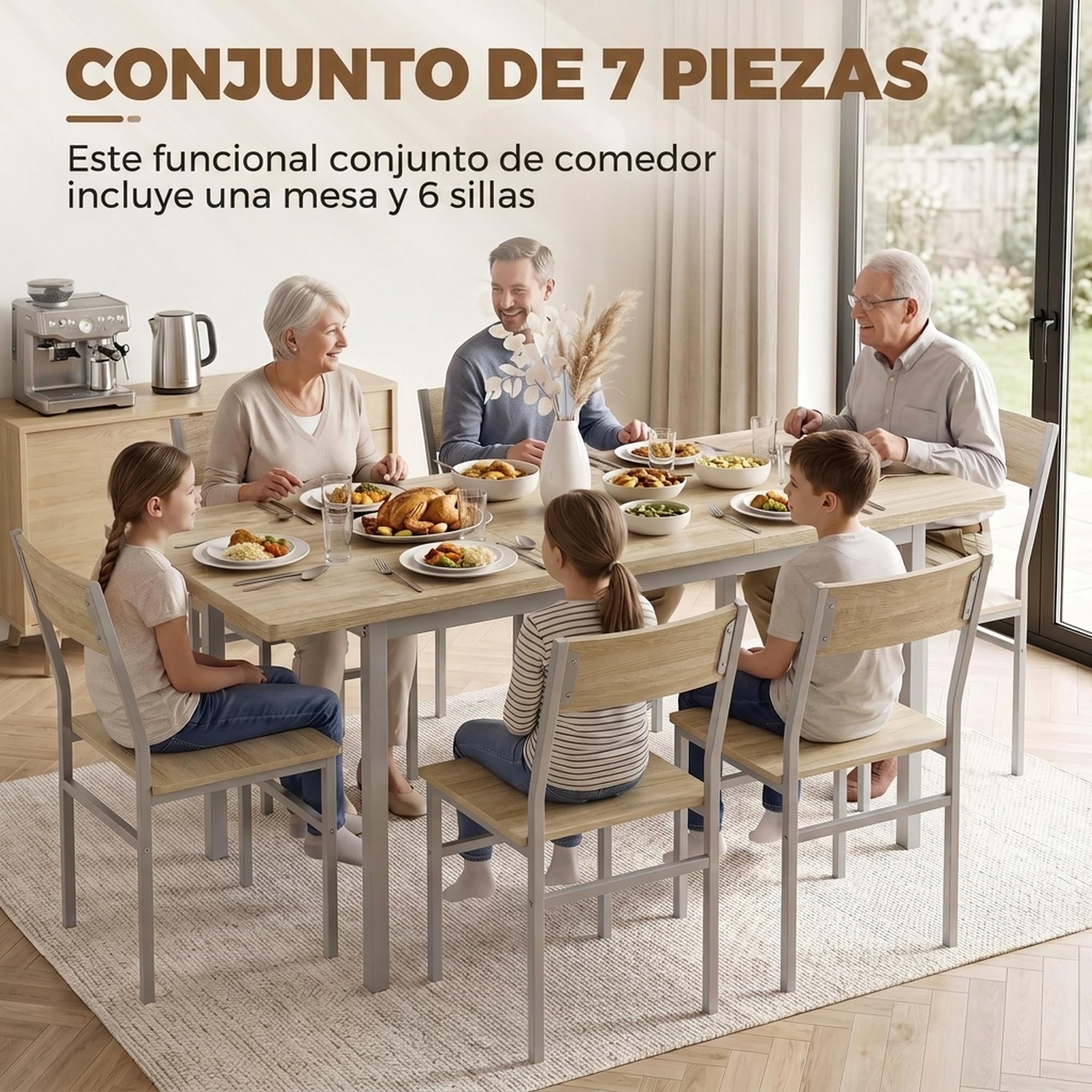 HOMCOM Conjunto de Mesa y 6 Sillas de Comedor de 7 Piezas Mesa 120-160 cm