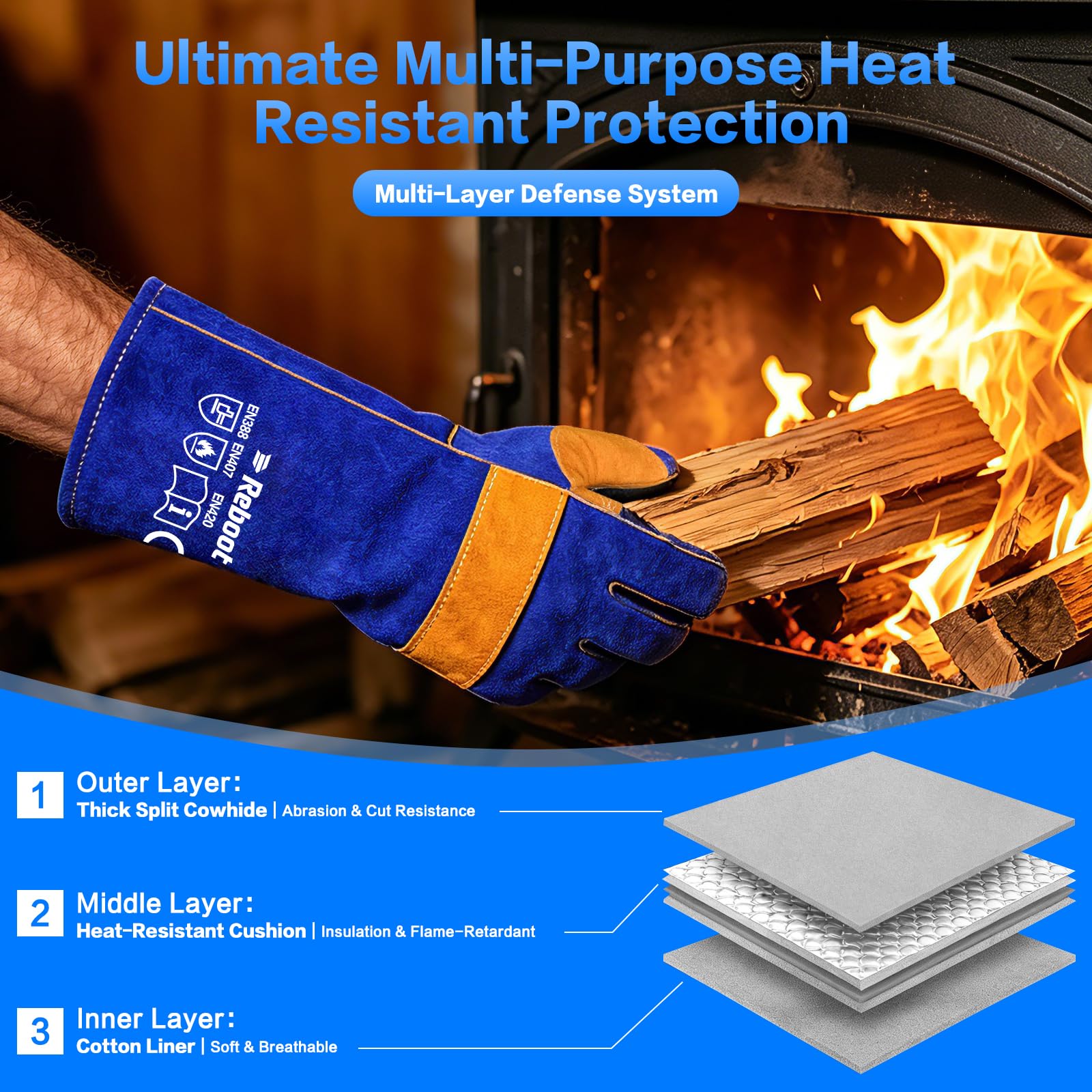 Reboot Guantes de Soldadura, Cuero Resistente 500°C, Protección Antebrazo 38 cm, Costuras Dobles Reforzadas para MIG TIG Electrodo Barbacoa Forja – Azul