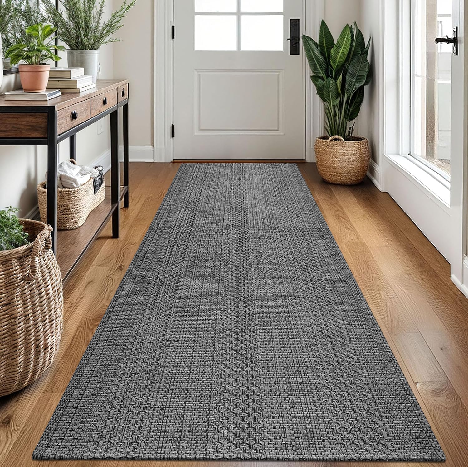Teppich Läufer 90x240cm, Baumwolle Flur Teppich Absorbierend, Küchenteppich Waschbar Dauerhaft & Antistatisch, Küchenmatte Saugfähig, Waschbare Teppiche für Flur, Eingang, Küche, Grau
