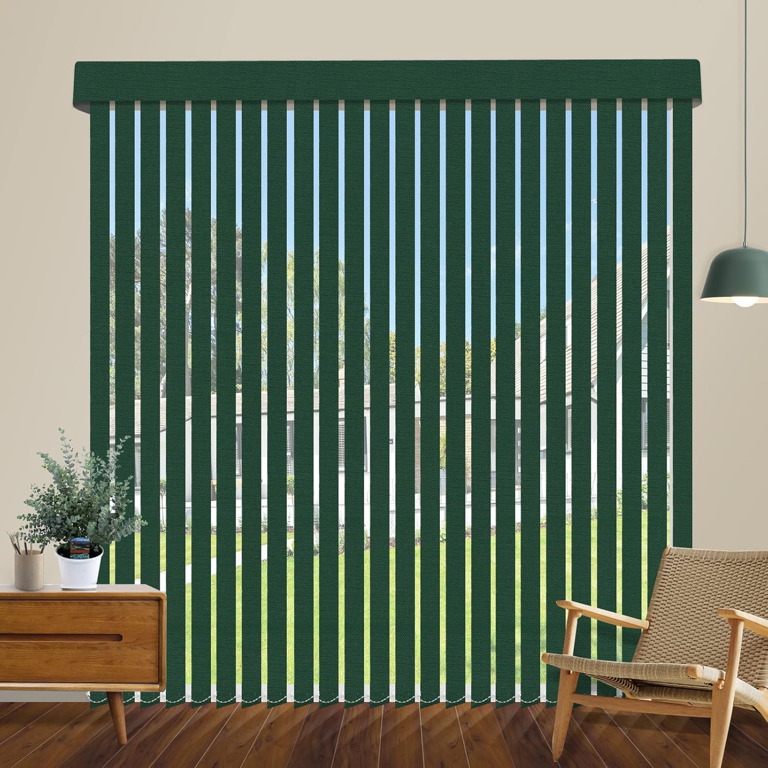 Cordless Blackout Vertical Blinds, Dark Green Custom 3.5 Inches Slat Fabric Window Blinds, Vertical Shades UV Protection Super Large Size to 104" W for Large Windows, Sliding Doors and Patio Doors