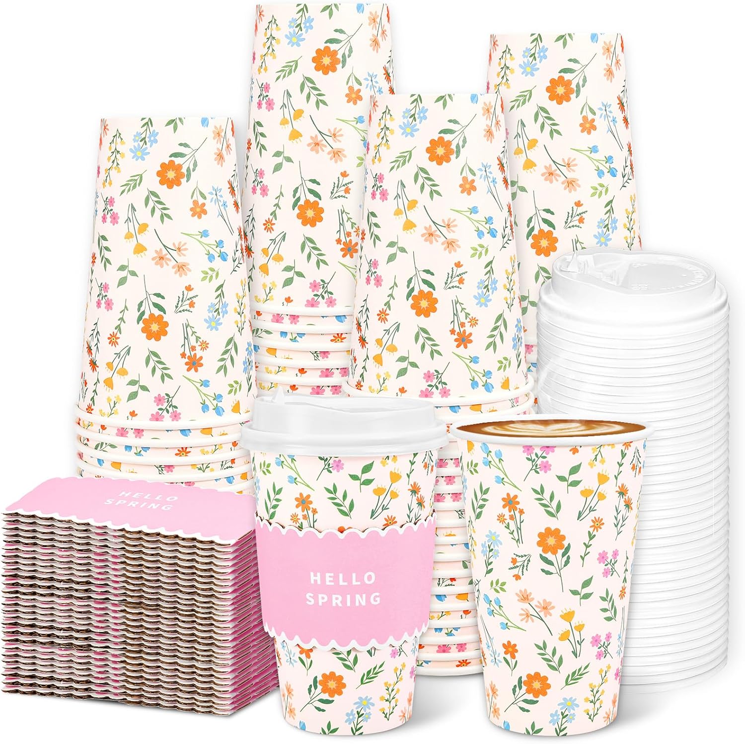 Whaline 50 Set Spring Floral Disposable Coffee Cups with Lids and Sleeves 16 Oz Colorful Hello Spring Themed Wildflower To Go Paper Drinking Cups for Wedding Birthday Baby Shower Party Supplies