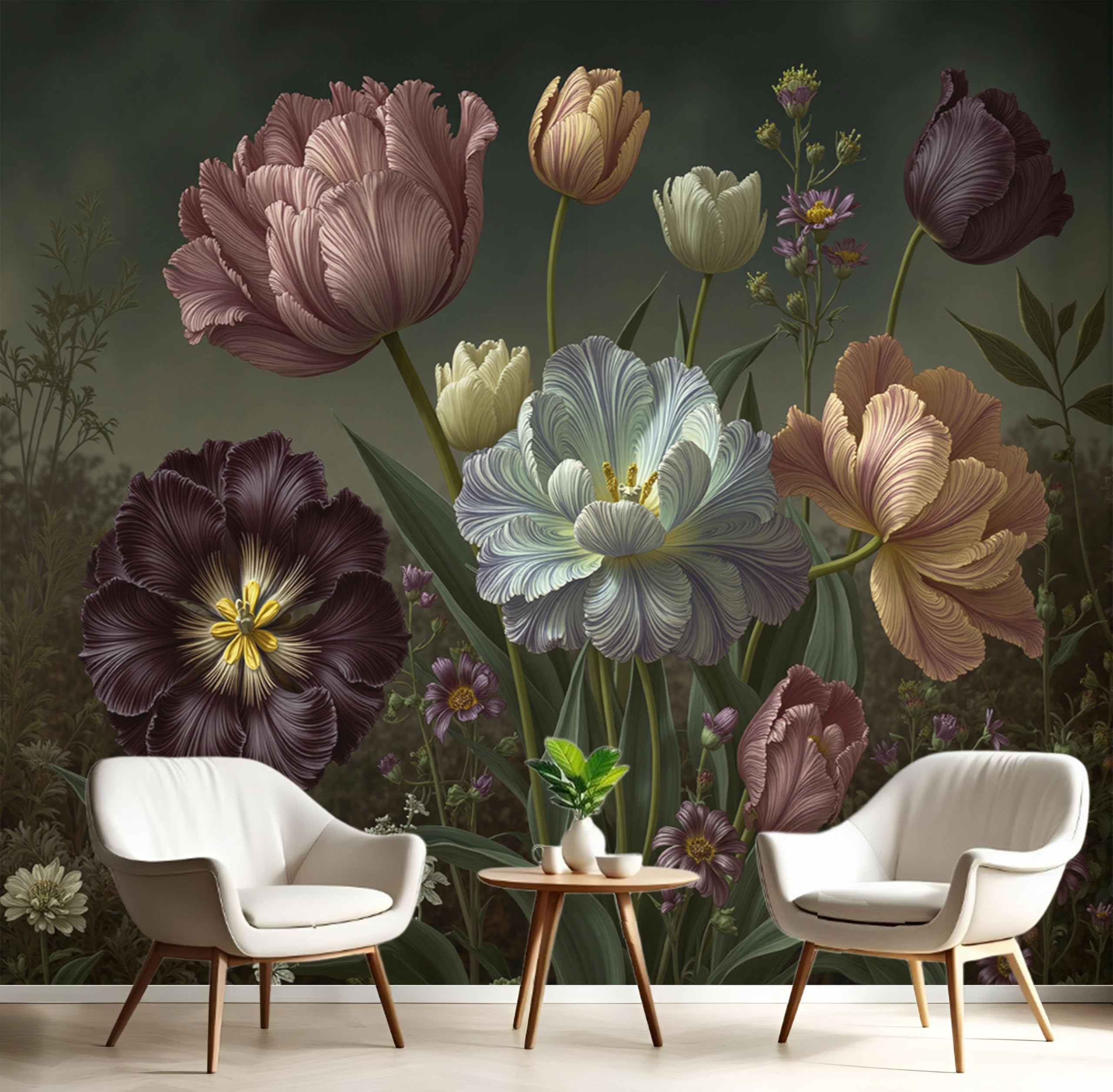 Papier peint tulipe baroque panoramique plantes vintage fresque murale vert foncé