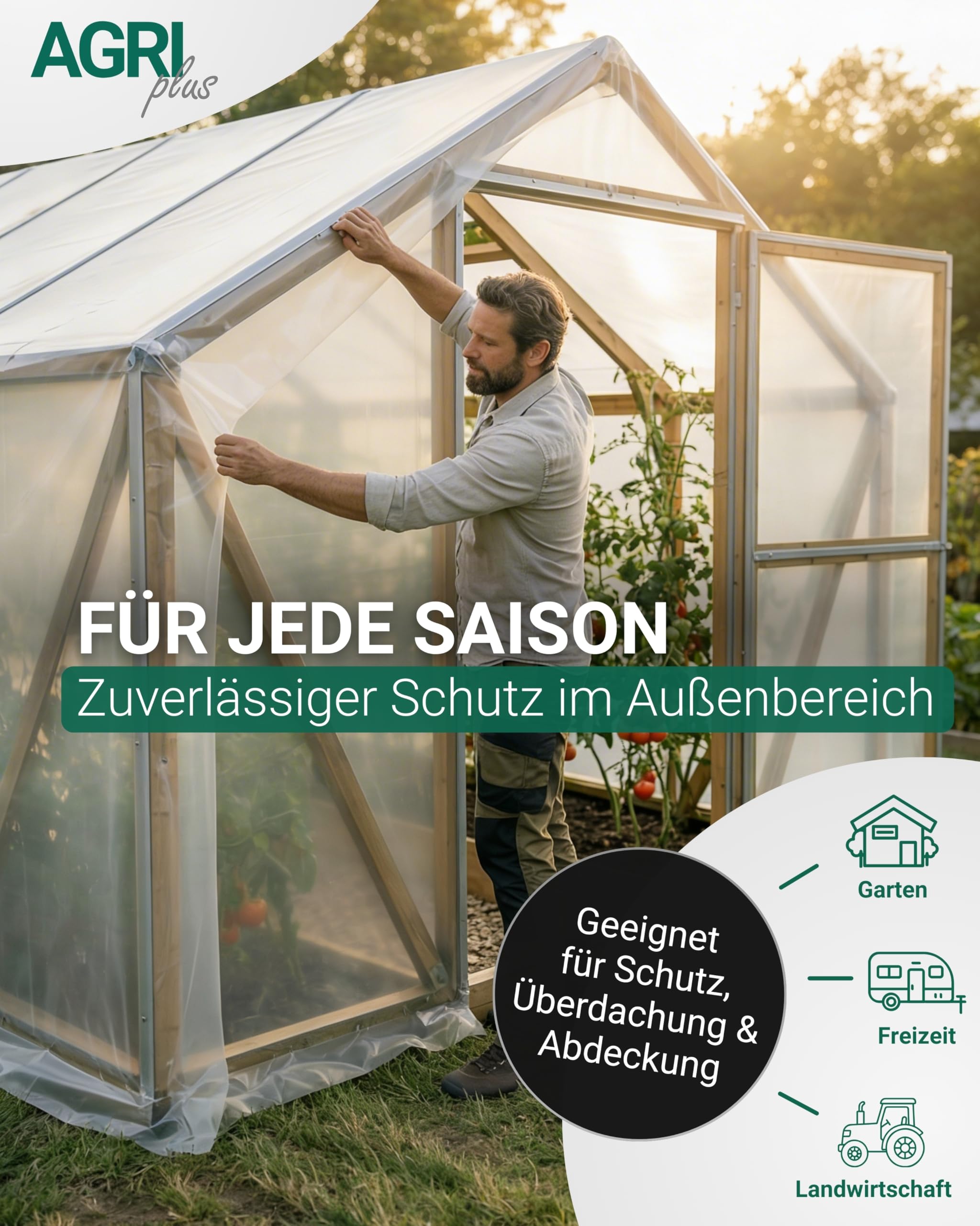 AGRI plus Gewächshausfolie I 1,5 x 50 m I UV-beständige, wetterfeste & reißfeste Gartenfolie I 150 µ Starke Abdeckfolie für Gewächshaus, Frühbeet & Outdoor-Einsatz