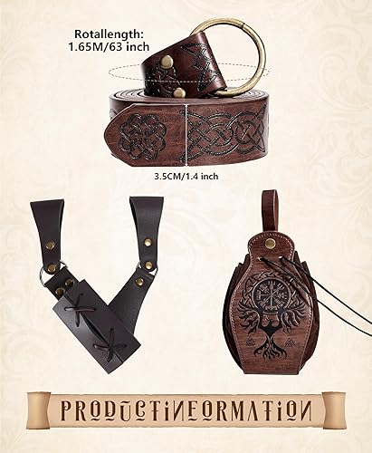 Miniatura 3 de Disfraz renacentista para hombre de 8 piezas - Camisa medieval de pirata, pantalones y accesorios para disfraz de vikingo