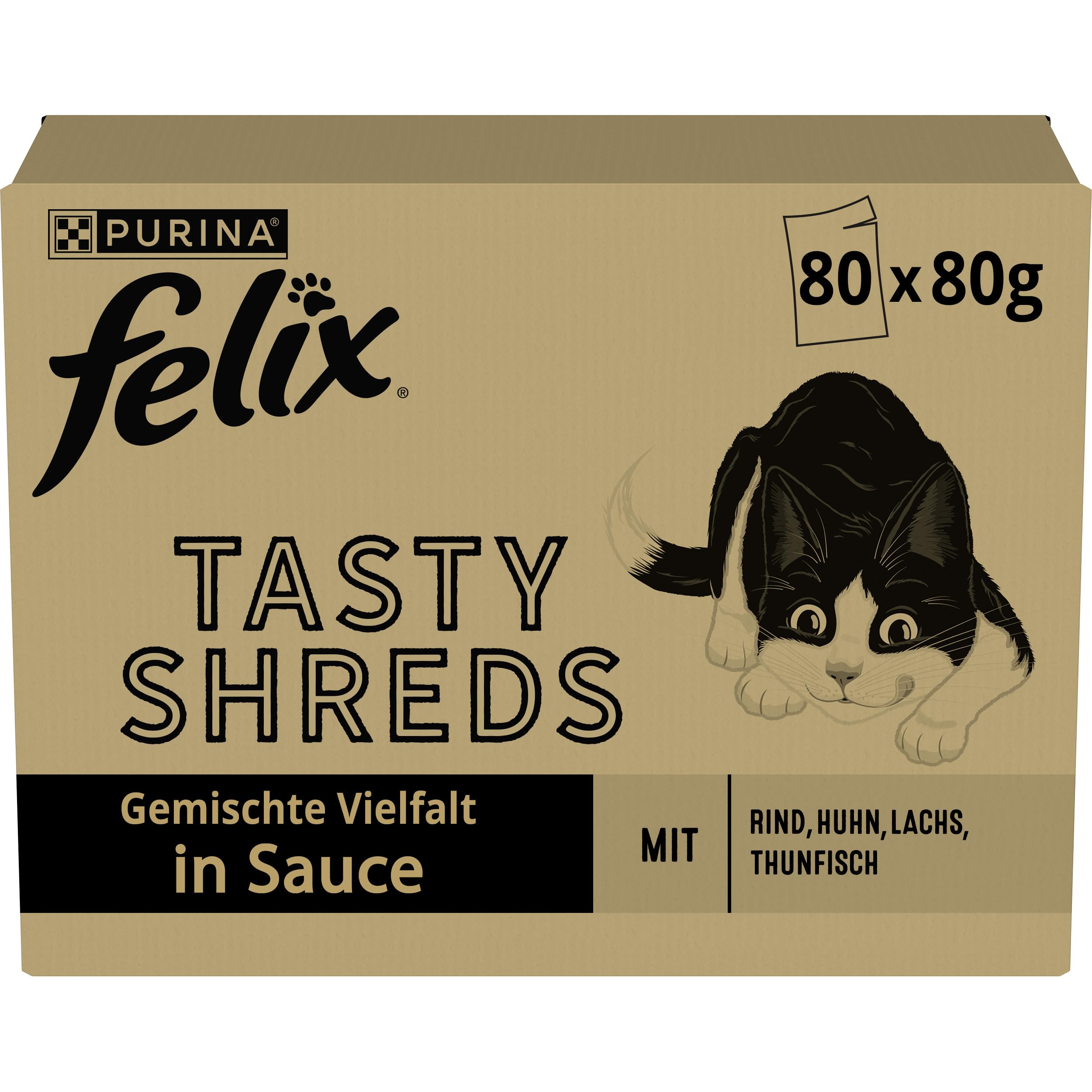 Felix Tasty Shreds Katzenfutter nass in Sauce, Gemischte Vielfalt, 4er Pack (4 x 20 Beutel à 80g)