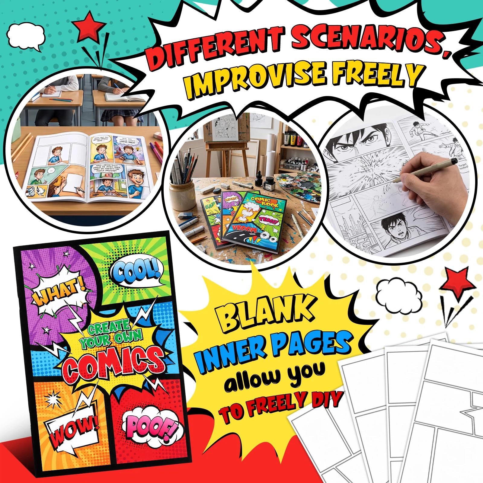 Harloon Lot de 12 bandes dessinées de 16,7 x 25,4 cm pour enfants, couverture aux couleurs vives, 24 pages vierges, dessinez votre propre livre d'histoires, cadeau créatif pour dessin artistique