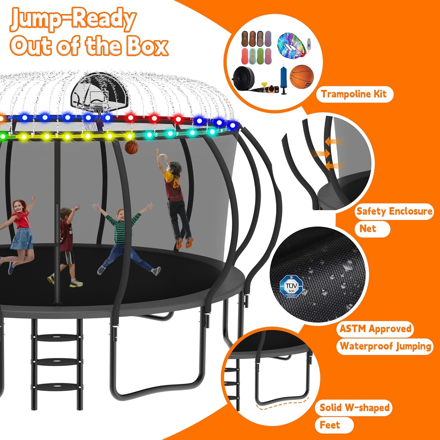 DeepRoar 2026 Upgraded 8/10/12/14/15/16FT Pumpkin Tranpoline for Kids, Heavy Duty 1500LBS Outdoor Tranpoline Set with Basketball Hoop, Light, Sprinkler & Socks, Recreational Trampolings, ASTM Approved