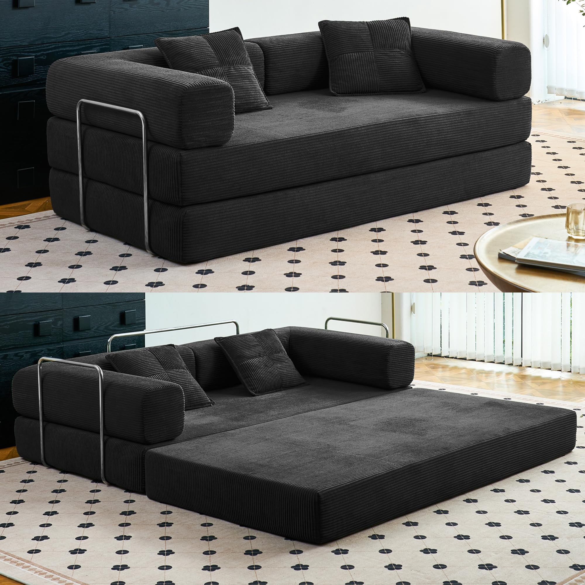 Compression Sofa - 78''Convertible Floor Sofa Bed - with Pillow Back Support Armrest - Comfy Foldable Sofa Bed Compressed Sofa in Box - Corduroy Fabric - for Living Room Bedroom(Black)