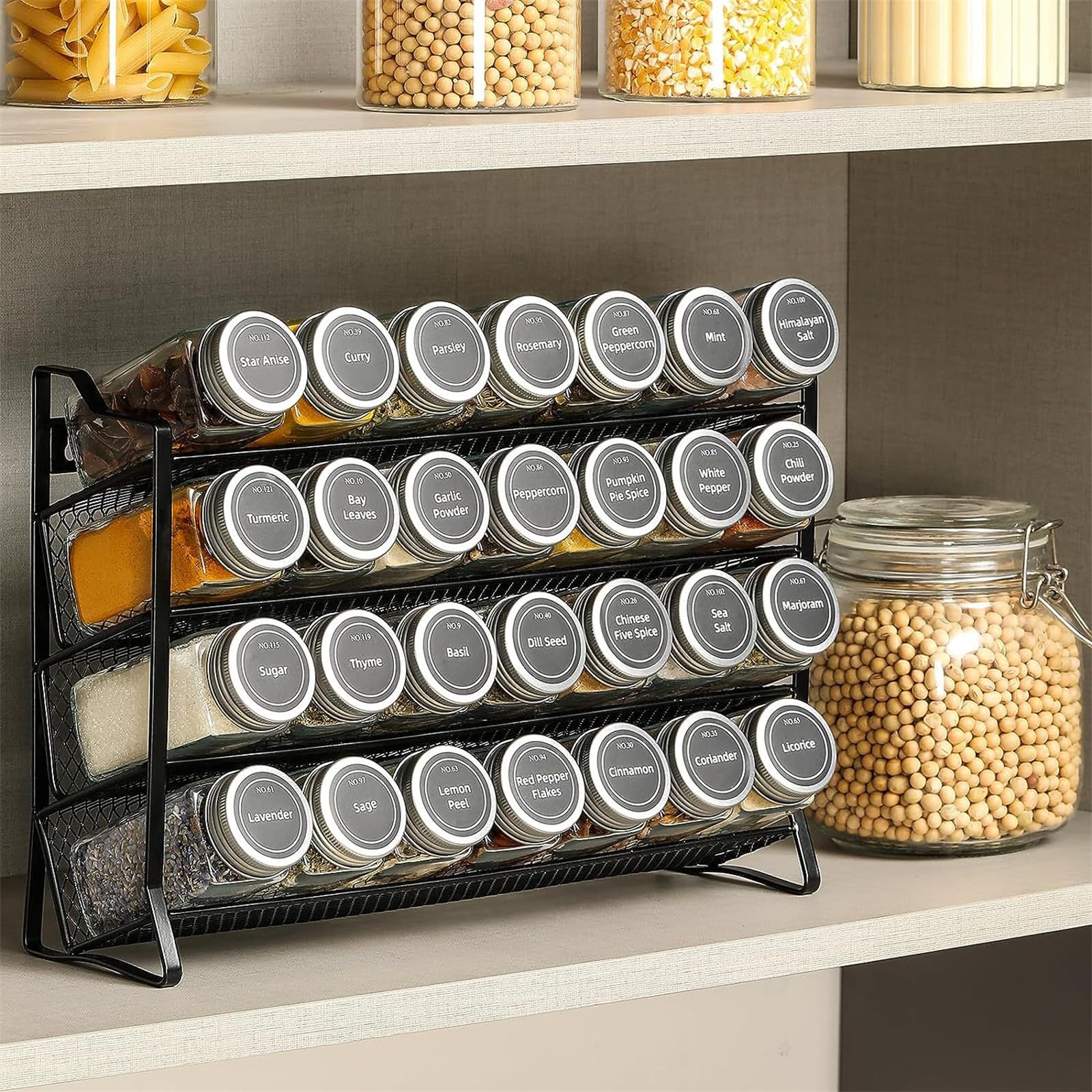 Lot de 4 étagères à épices à 4 étages avec 28 pots à épices et 180 étiquettes, support à épices, à poser et à monter au mur, pour cuisine, armoire et plan de travail