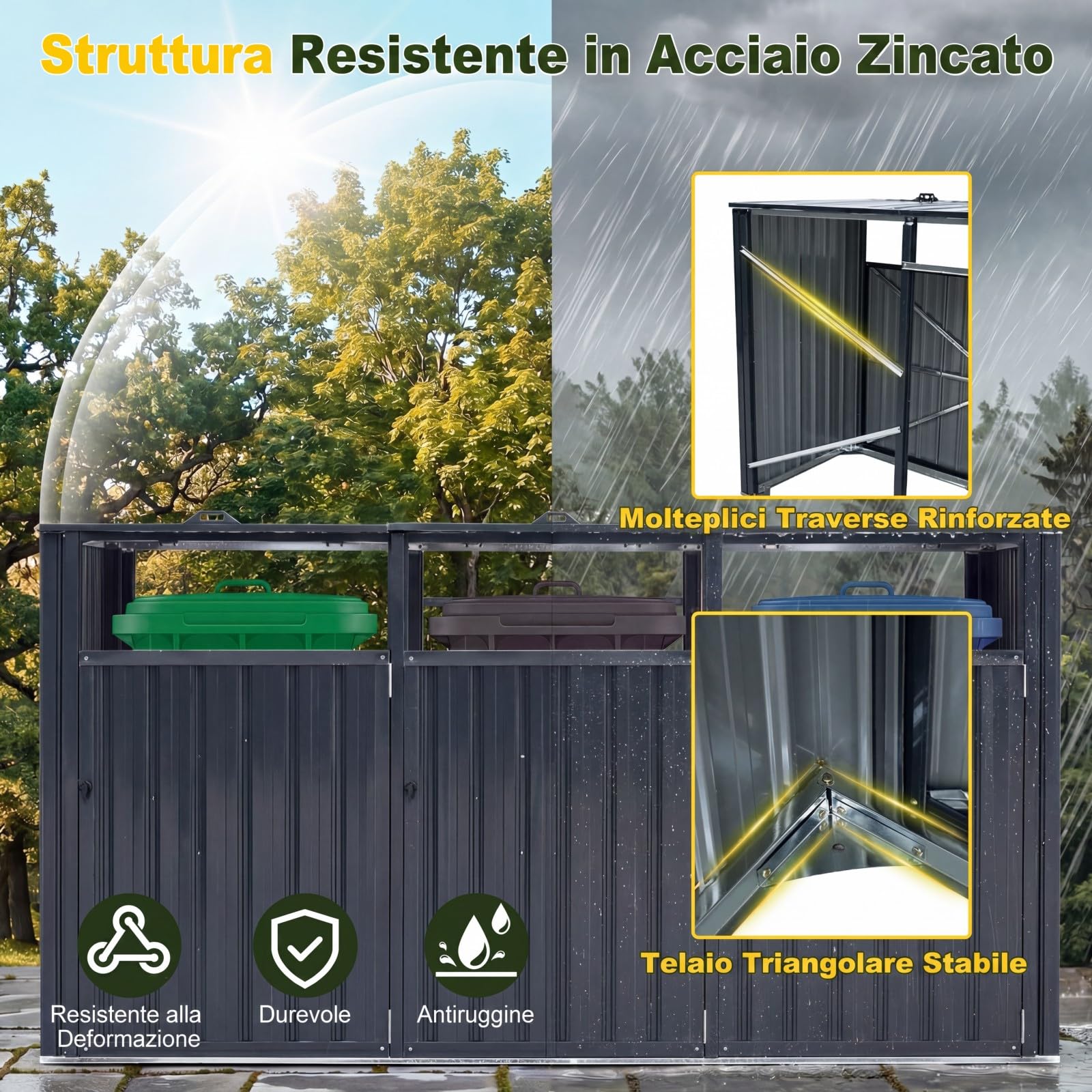 COSTWAY Copribidone Spazzatura Esterno 3 Scomparti con Porta Bloccabili | Contenitore per Raccolta Differenziata in Acciaio Zincato con Coperchi Apribili, da Giardino e Cortile 238 x 79,5 x 122 cm