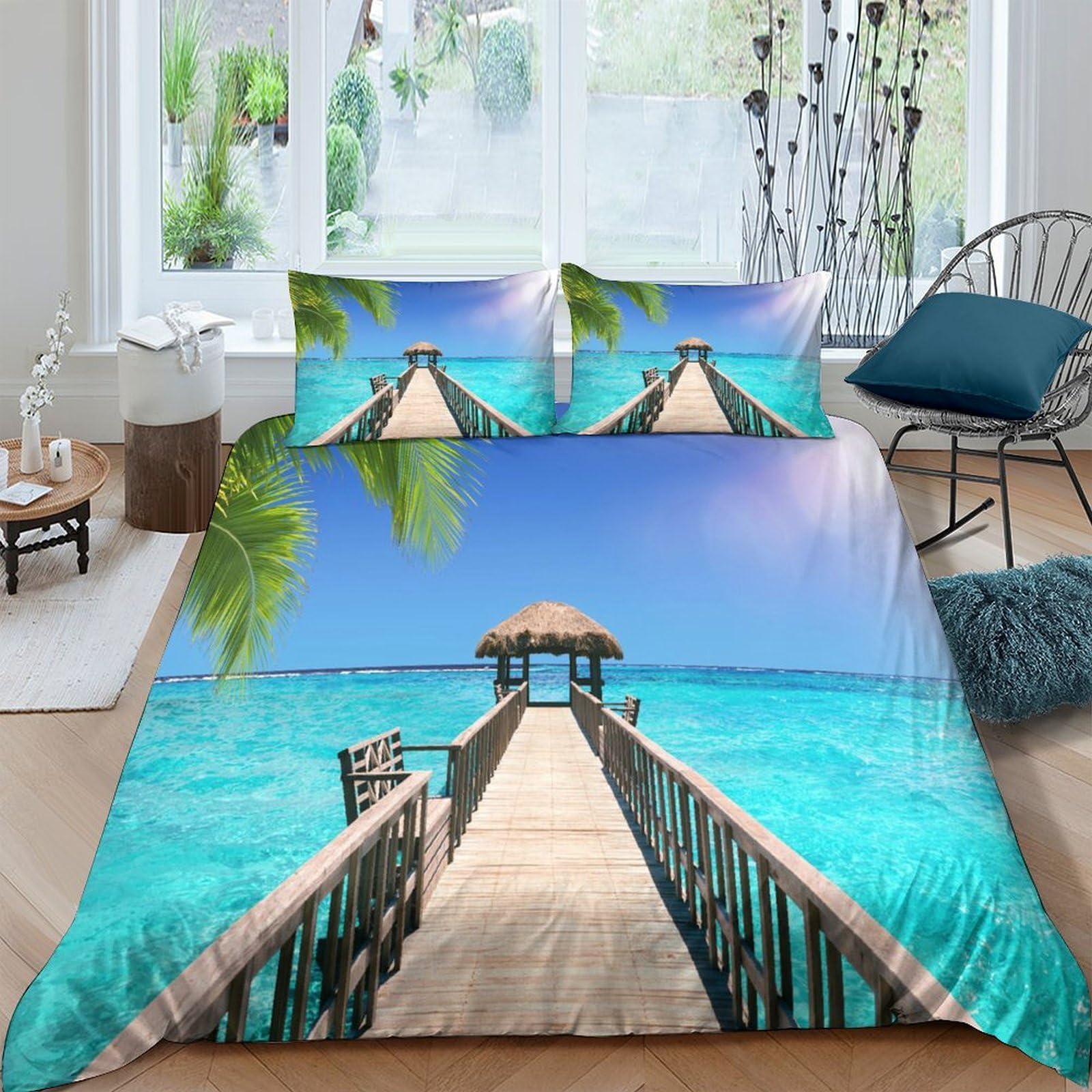 Ctjqhvkz Style-4 3D Printed Tropical Ocean Pier Fitted Sheet Microfiber Beach Sunset Mattress Cover For Bedroom Guest Room Decor Single（135X200cm）