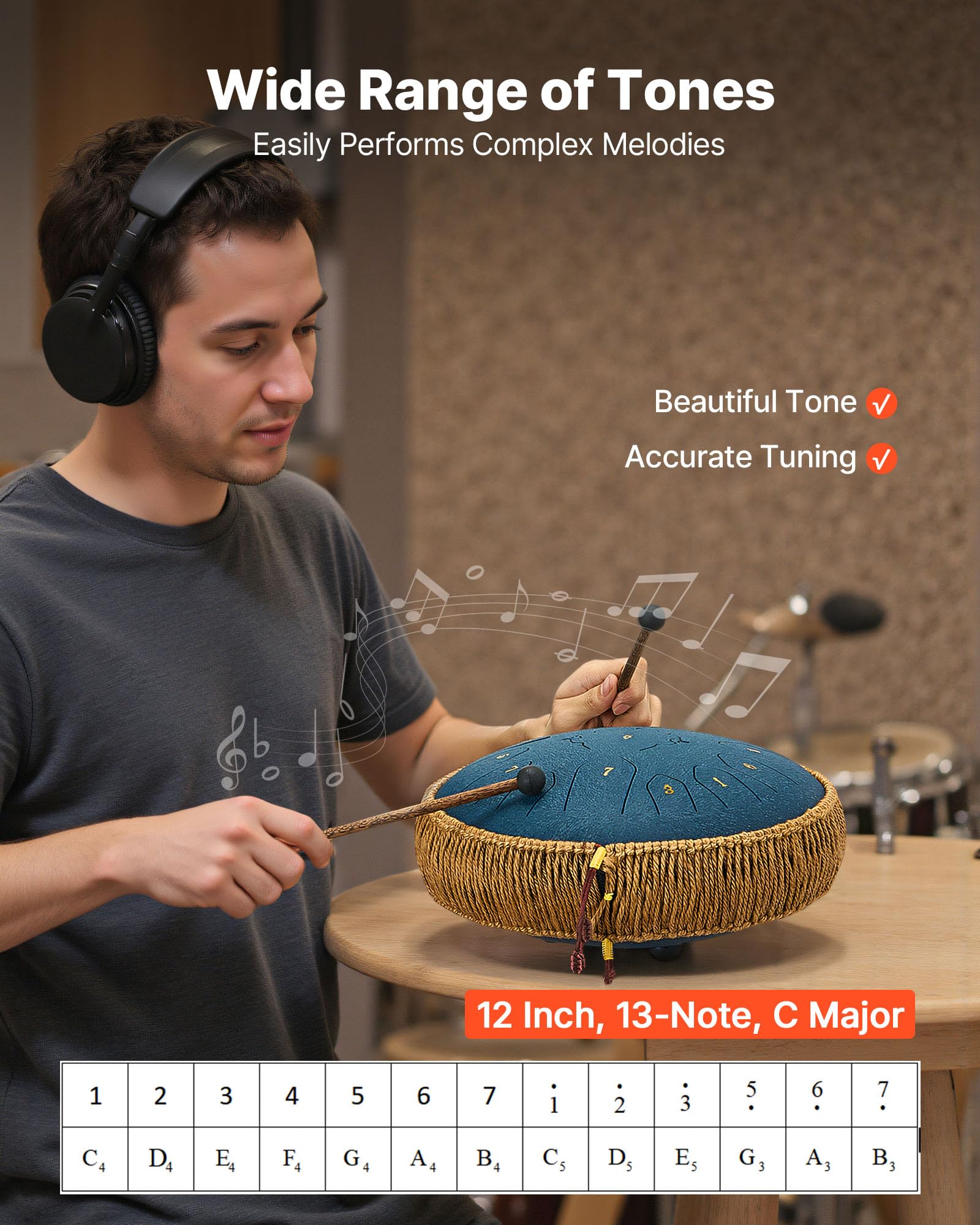 VEVOR Tamburo a Linguetta d'Acciaio, Strumento a Percussione Tonalità Do Maggiore Numero di Note da 13, Tamburi a Lingua in Do Maggiore con Bacchette, Strumento Musicale per Meditazione, Blu Navy