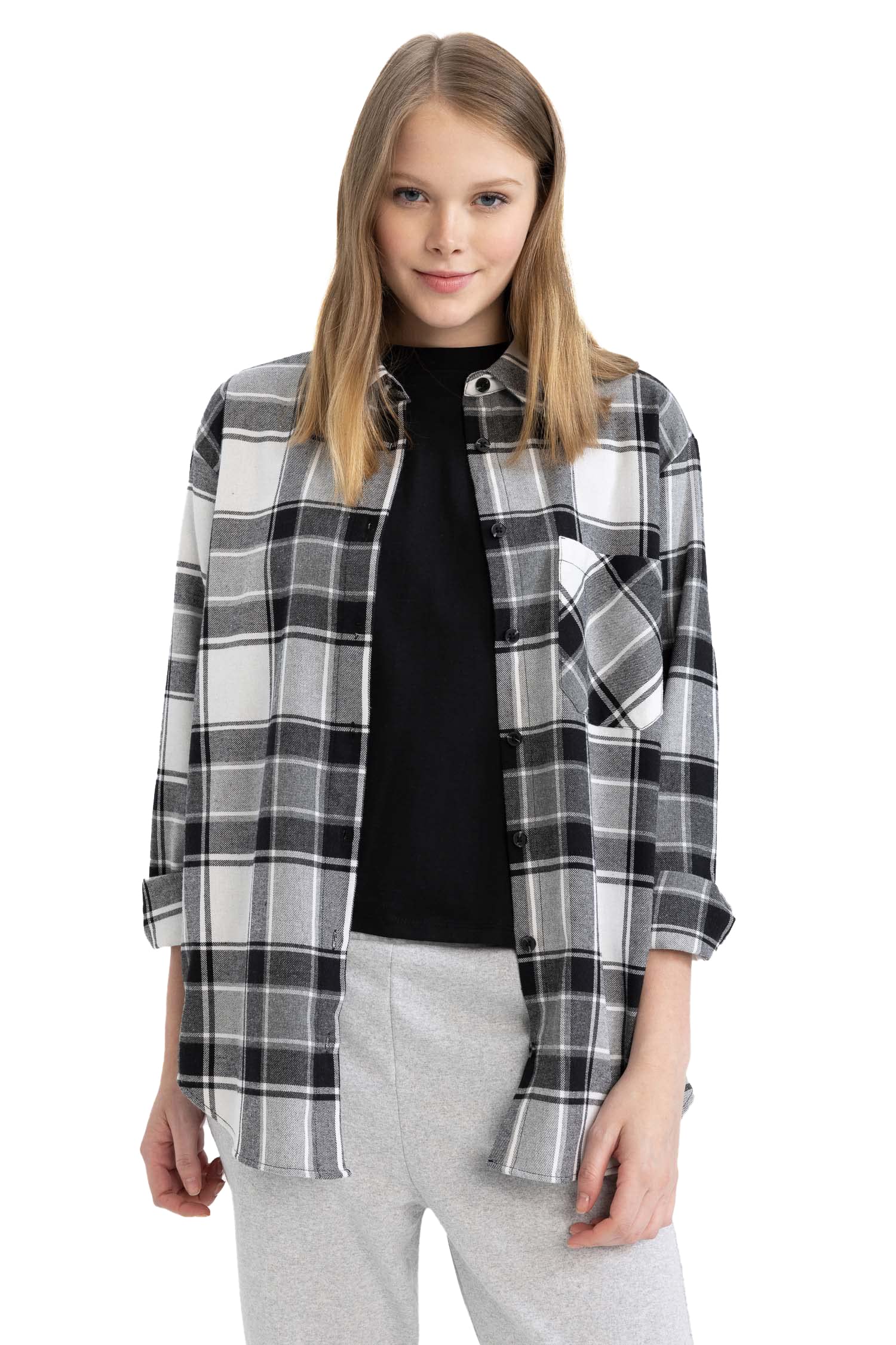 Kadın Coool Oversize Fit Kareli Uzun Kollu Flanel Gömlek