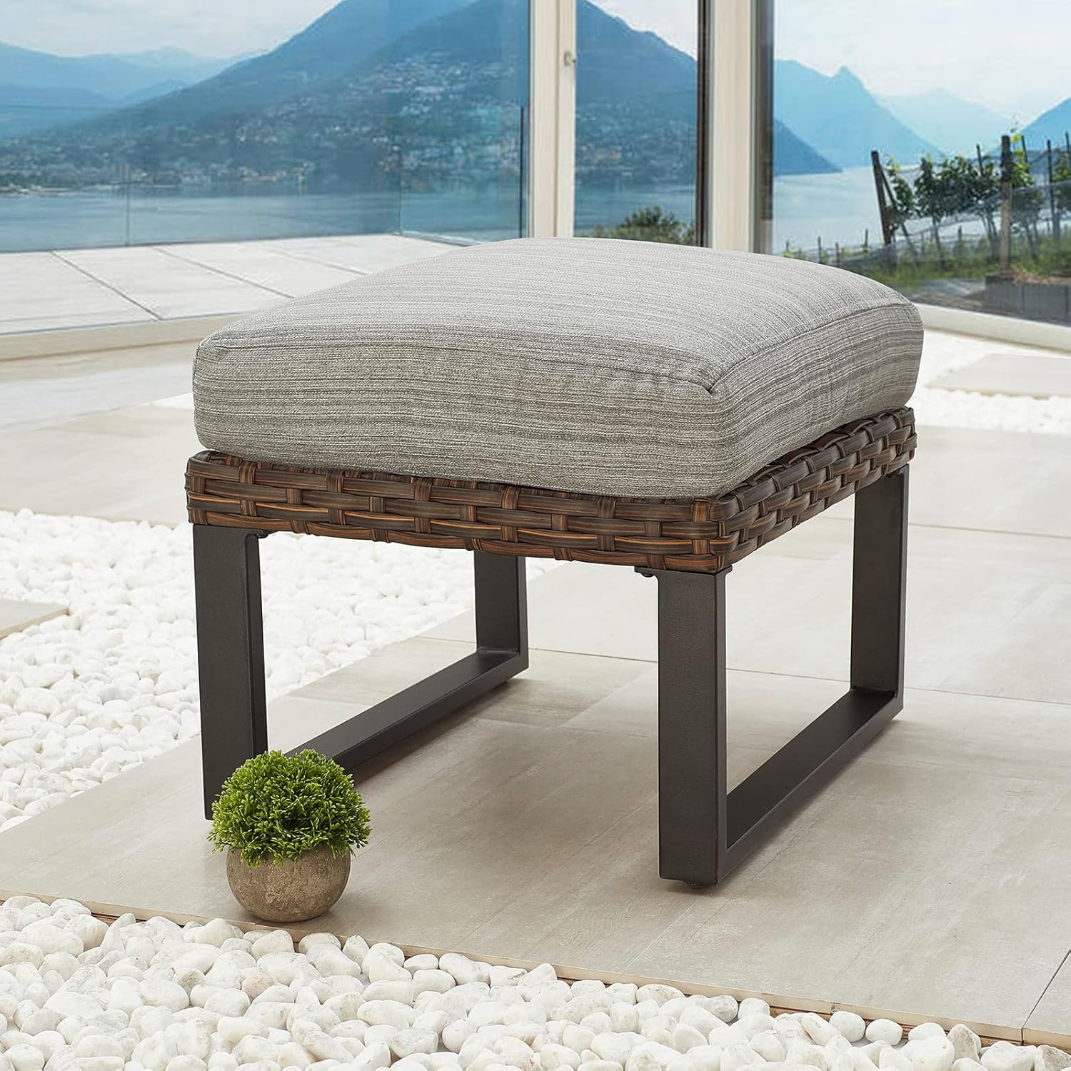 Festival Depot Patio Ottoman Outdoor Wicker Footstool Small Seat Rattan Furniture with All- Weather Metal Legs and 6.3 Cushion for Deck Poolside Yard Garden Porch (Grey)