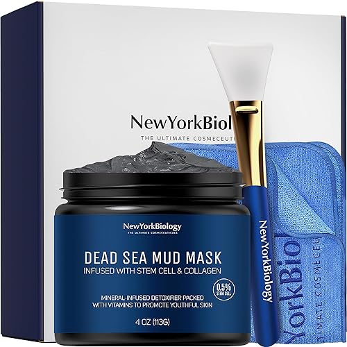 New York Biology - Máscara de barro del Mar Muerto para cara y cuerpo con células madre y colágeno, incluye aplicador de cepillo y toalla,
