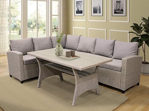 Miniatura 5 de Goohome Juego de muebles de exterior, en forma de L, para todo tipo de clima, tejido de mimbre de polietileno, sofá seccional con mesa y cojines