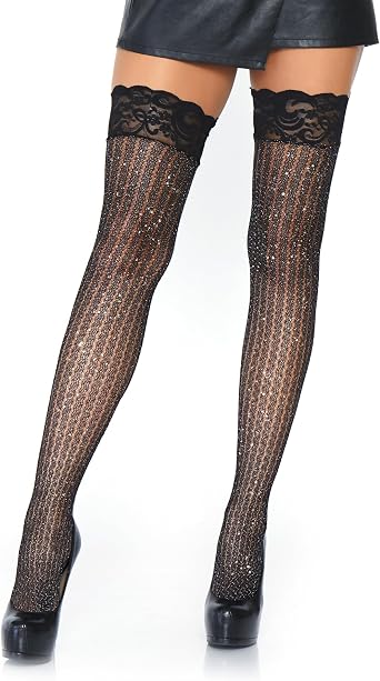 Leg Avenue Womens Stay Up Lace Top Lurex Shimmer Cable Net Thigh Highs, Black, One Size