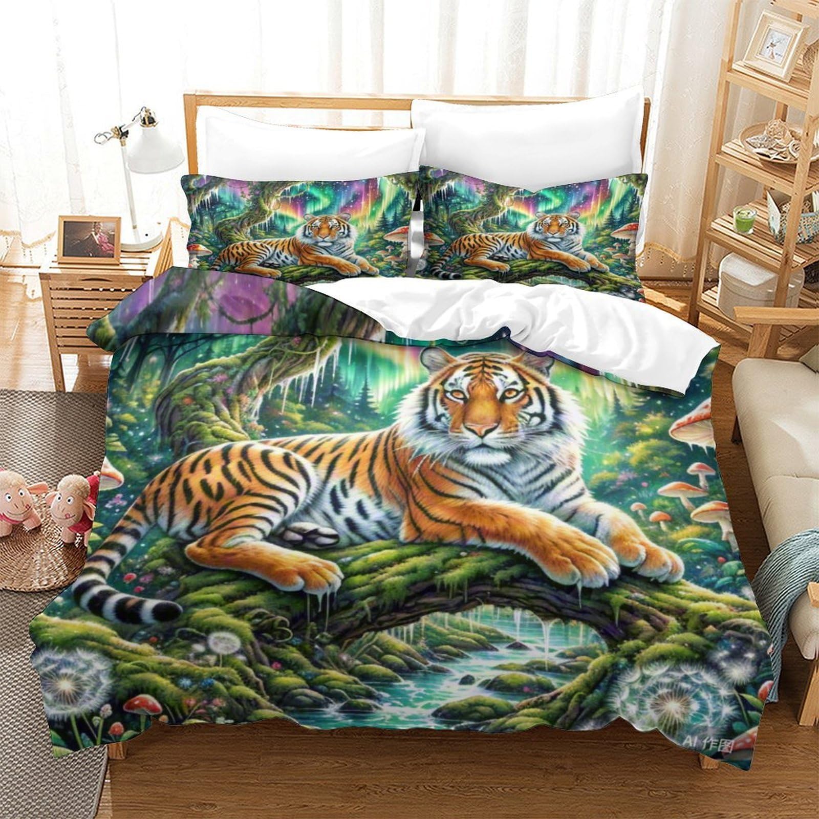 Linge de lit tigre 3D en microfibre douce anti-plis avec fermeture éclair cachée