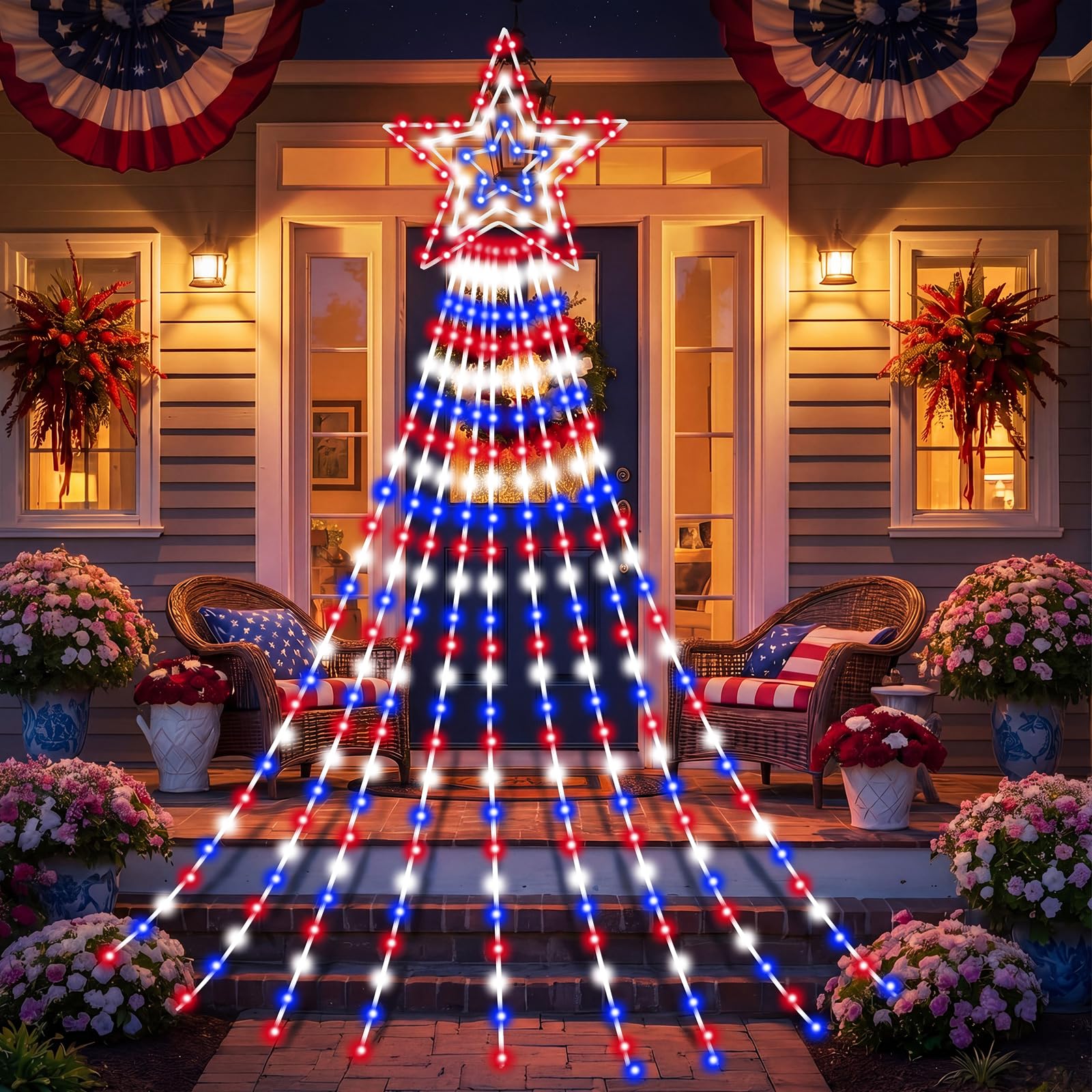 Huquary Guirnalda de luces de cascada de estrella del 4 de julio de 12 pies, decoración del Día de la Independencia, rojo, blanco, azul, para exteriores, con 8 modos iluminados para fiesta patriótica