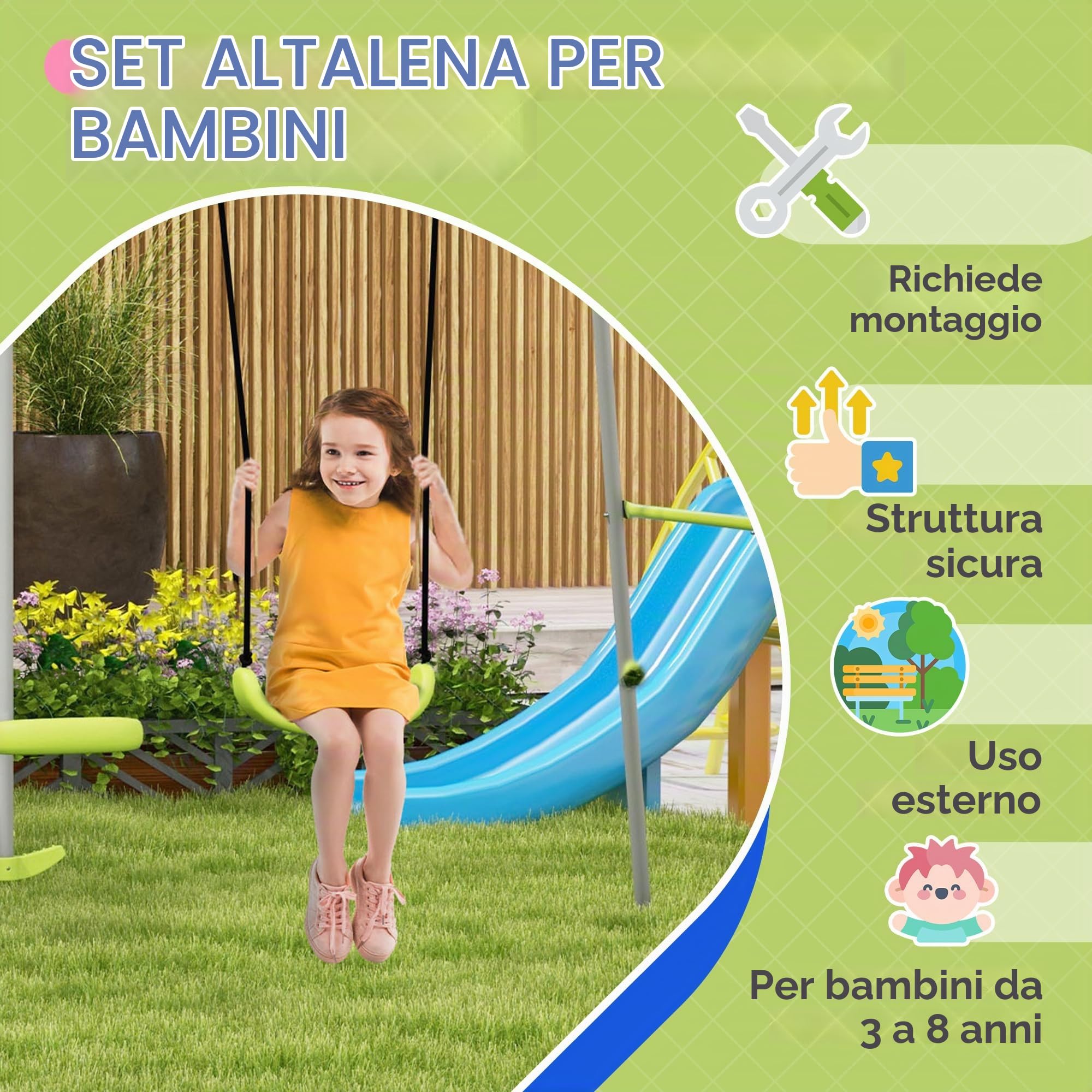 Outsunny 2 in 1 Set altalena metallo con dondolo per giardino, Verde