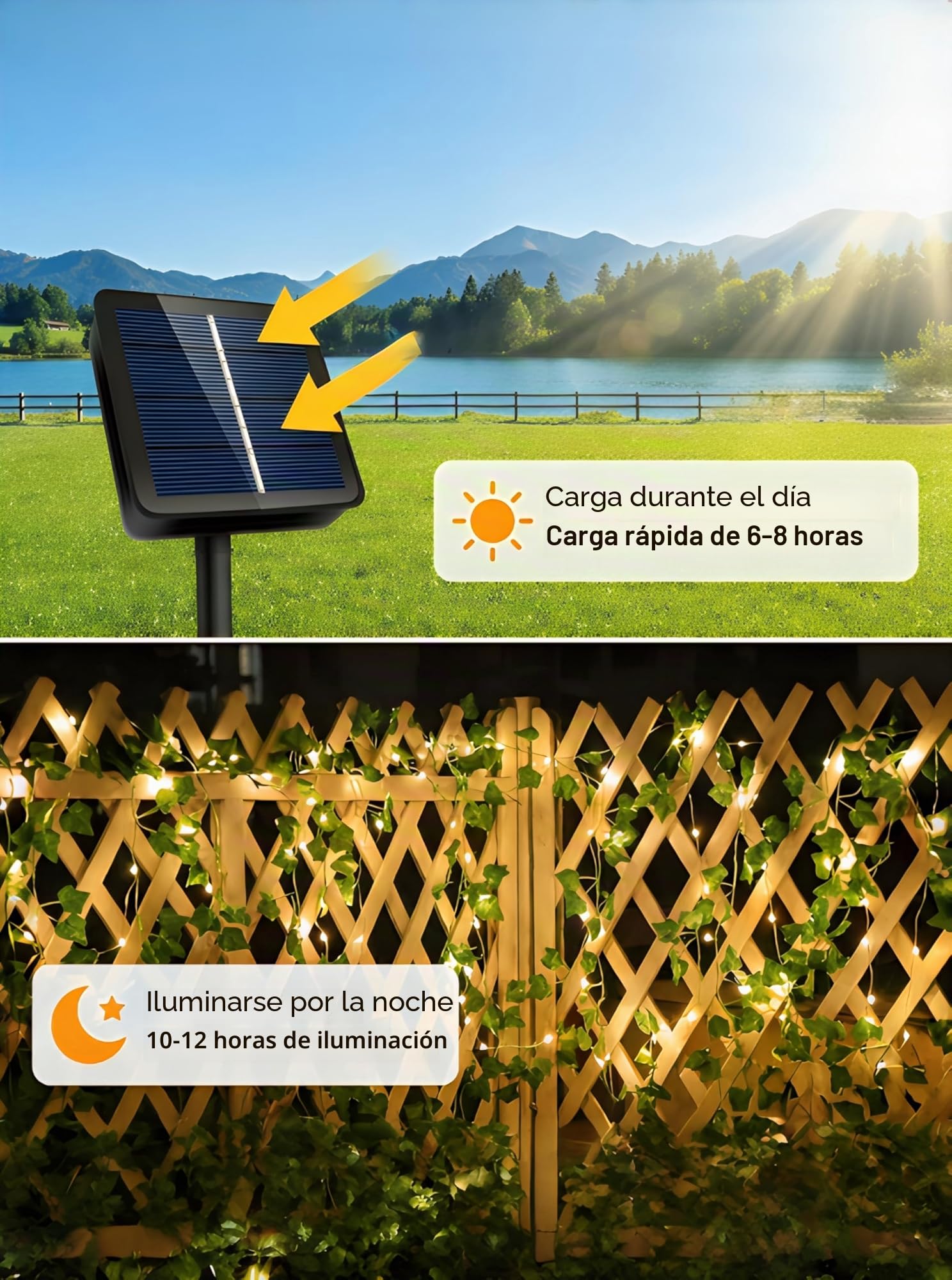 Cadena de luces solares para exteriores, 12M Cadena de luces de hiedra con 120 LED, Cadena de luces solares para exteriores resistentes al clima, 8 modos para jardín, balcón, terraza