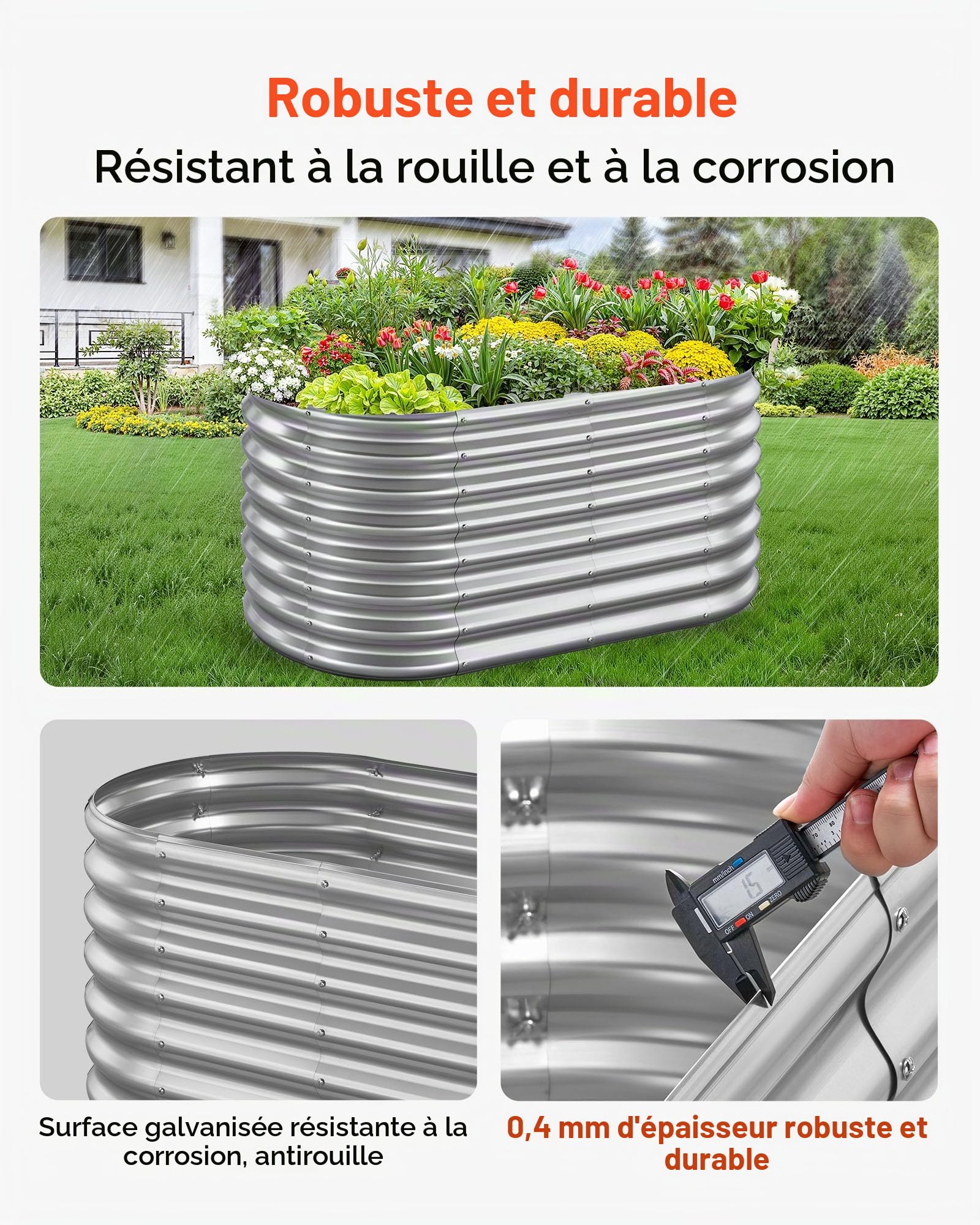 VEVOR Potager Surélevé Métal 120x60x60 cm Carré Potager Surélevé Galvanisé Lit de Jardin Ovale Bac de Jardinage Fond Ouvert pour Culture de Légumes Fleurs Herbes Aromatiques Plantes Grasses, Argenté