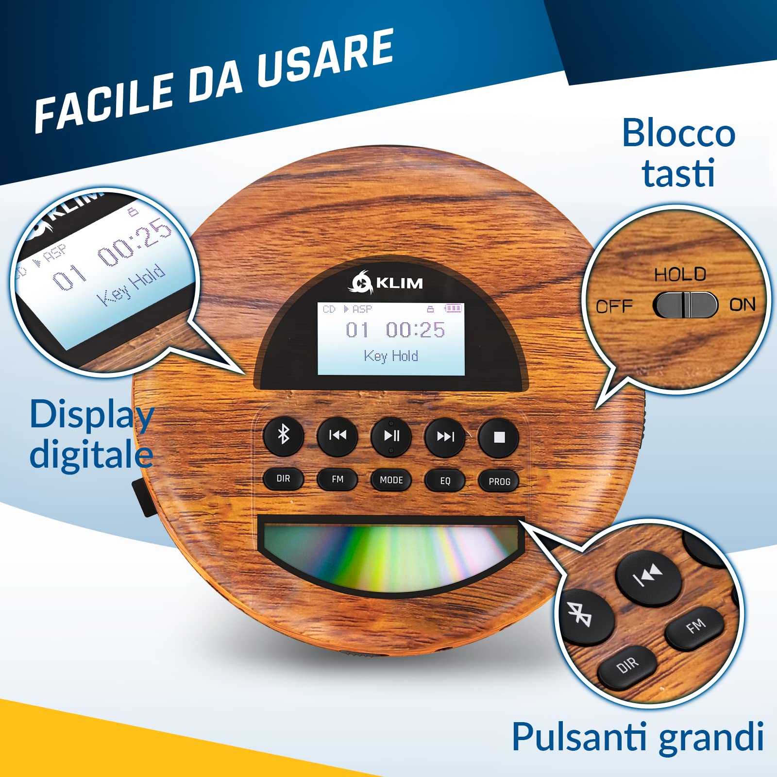 KLIM Nomad Wood - Lettore cd portatile - Batteria a Lunga Durata - Include Auricolari KLIM Fusion - CD-R, CD-RW, MP3 - Lettore SD, Radio FM, Bluetooth - Ideale per Auto - Hi-Fi - Nuovo