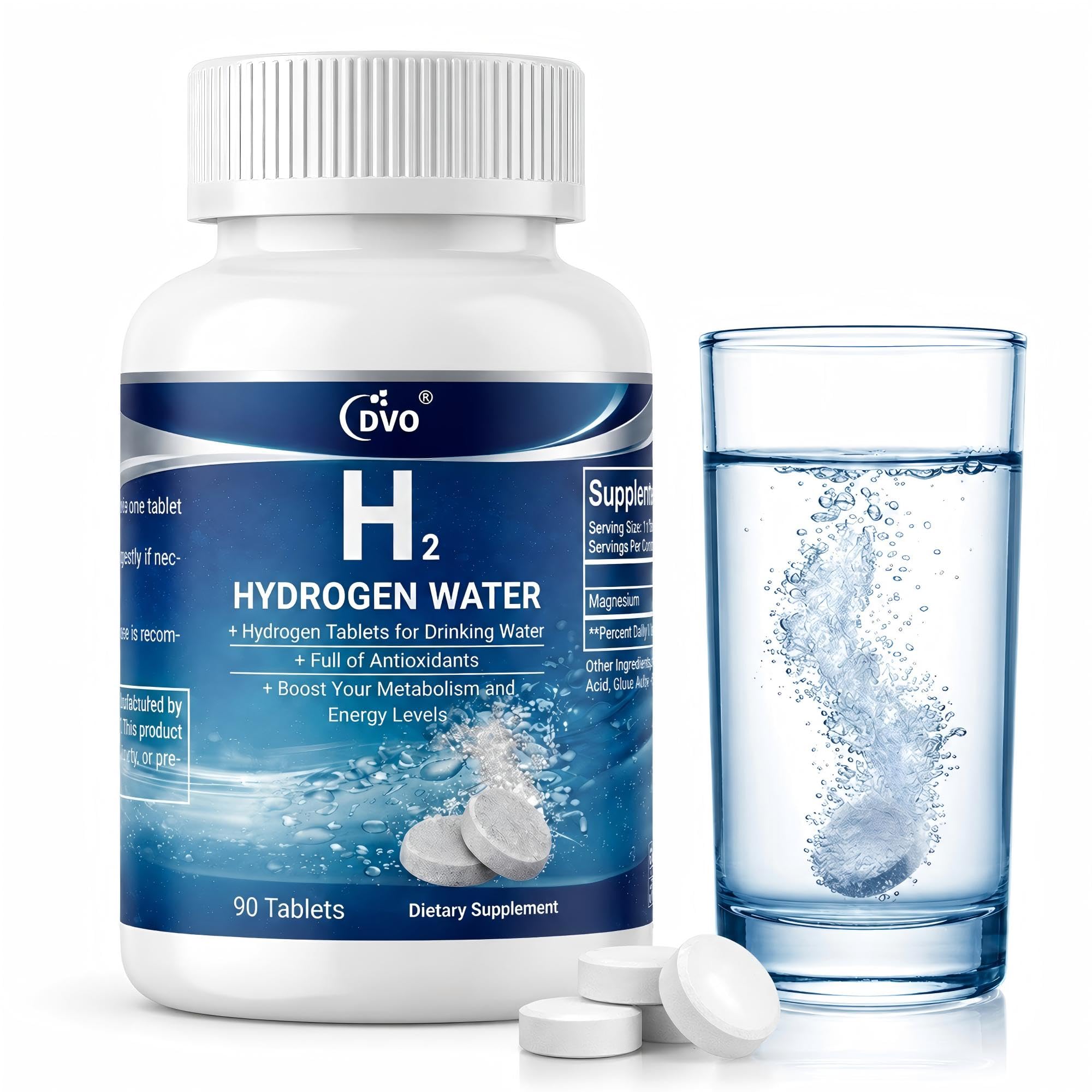DVO Hydrogen Water Tablets for Drinking Water – 12.4 PPM H2 Molecular Hydrogen Tablets with Magnesium – Fast Dissolving Antioxidant & Energy Support, Vegan, 90 Effervescent Tablets