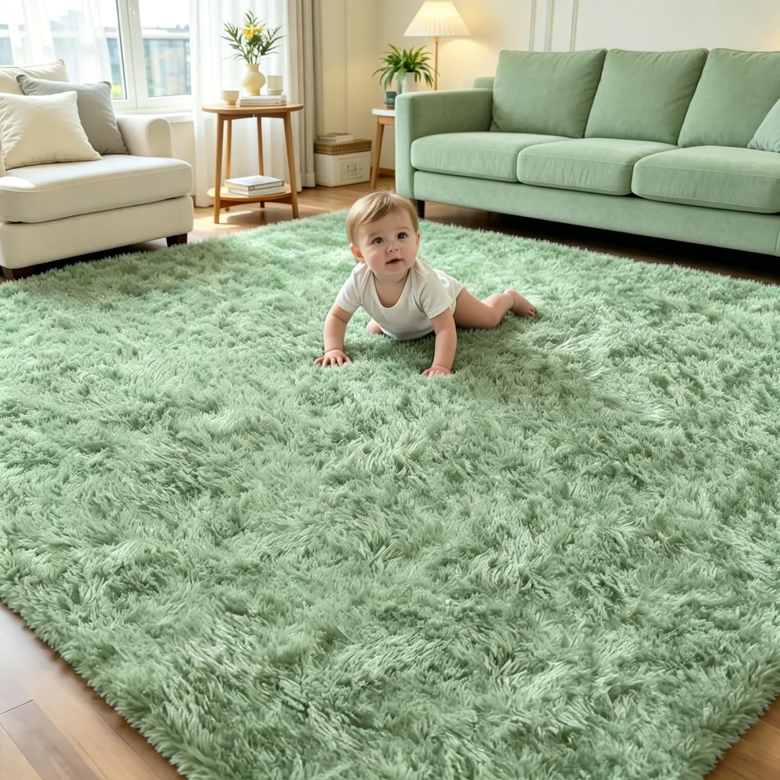 Luoven Fluffy Thick Large Rugs Living Room 120 x 160 cm, Sage Green — image 1