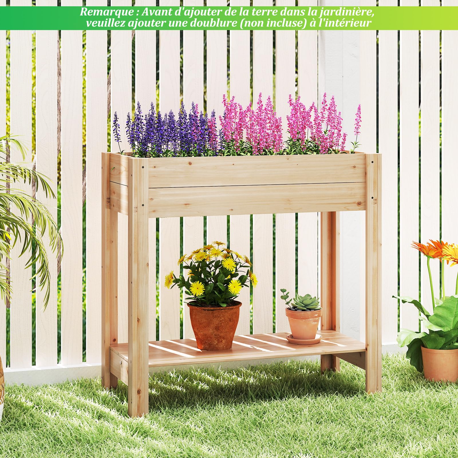 COSTWAY Jardinière Surélevée en Bois avec Pieds, Lit de Jardin avec Étagère de Rangement et Trous de Drainage, Conteneur pour Fleurs Herbes Légumes Fruits (81 x 38 x 76 cm)