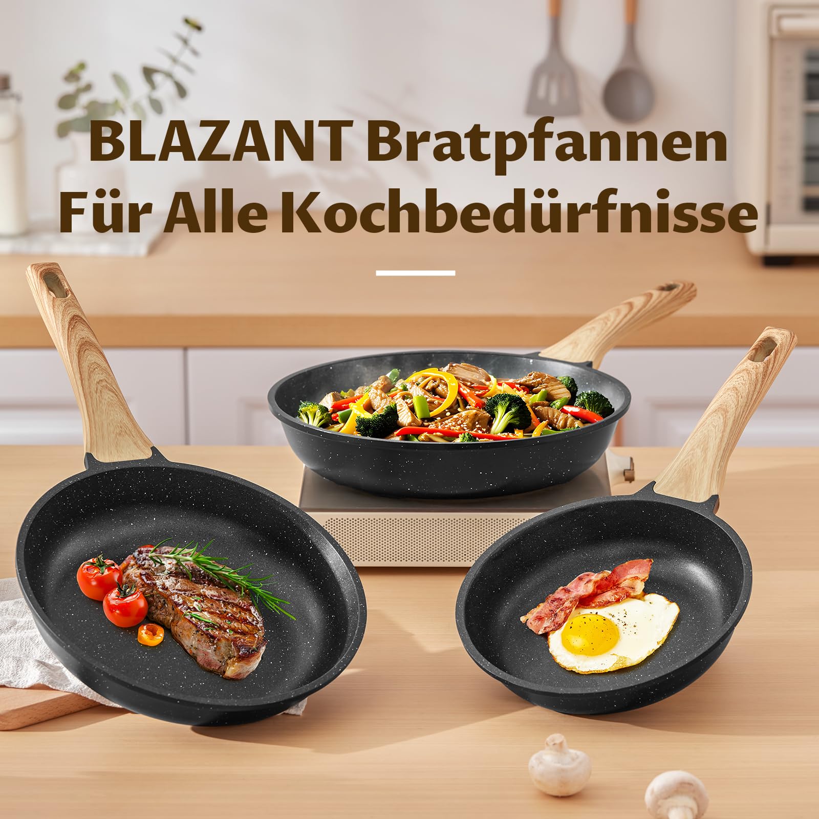 BLAZANT Zestaw patelni nieprzywierających indukcyjnych 20+24+28 cm, Patelnia indukcyjna do wszystkich kuchenek, Patelnie bez PFAS, łatwe do czyszczenia, Uchwyt odporny na wysokie temperatury, Granit