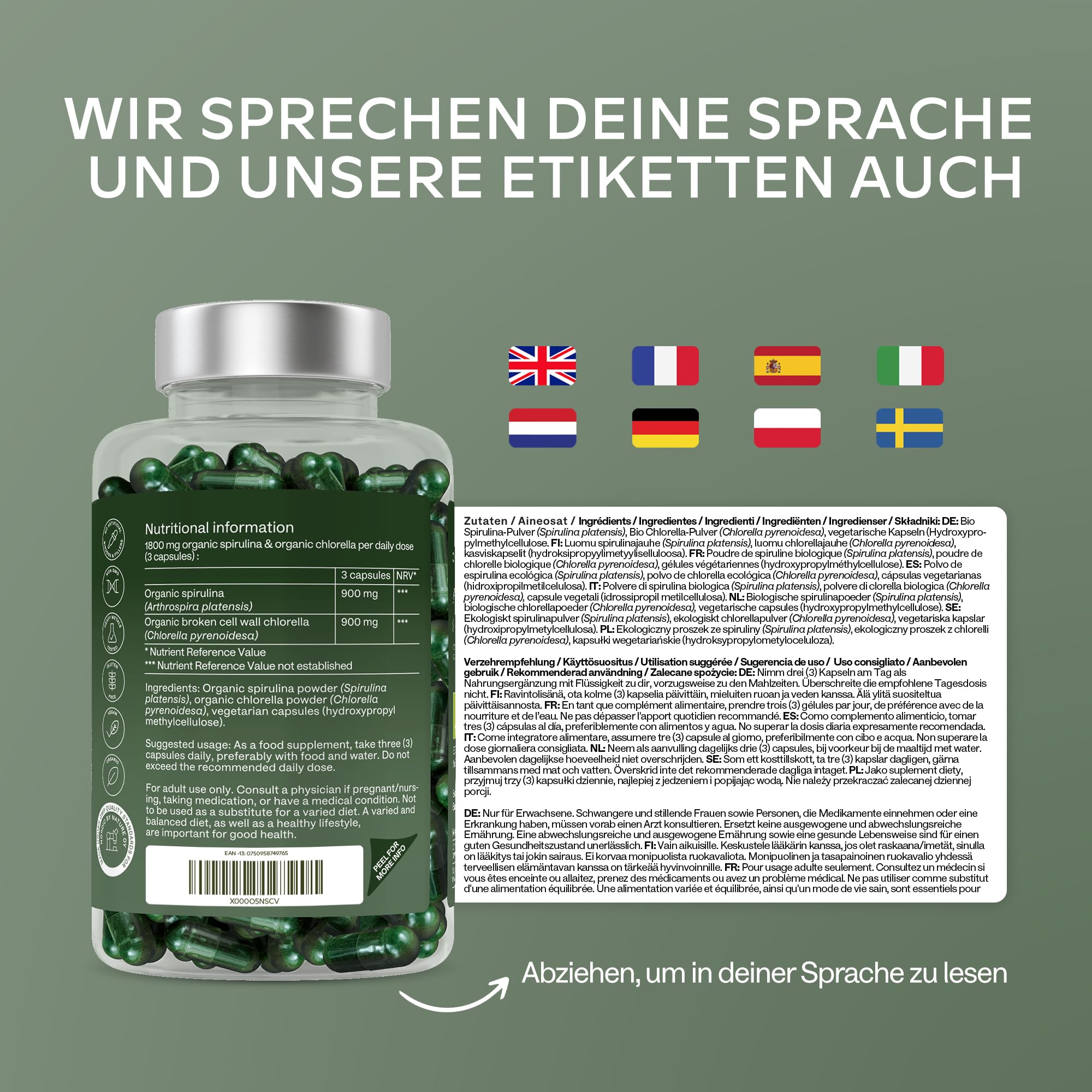 Bio Spirulina Chlorella Algen Kapseln [1800mg pro Dosis] - 200 Spirulina Pulver und Chlorella Pulver Kapseln Hochdosiert, 100% Vegan und Glutenfrei