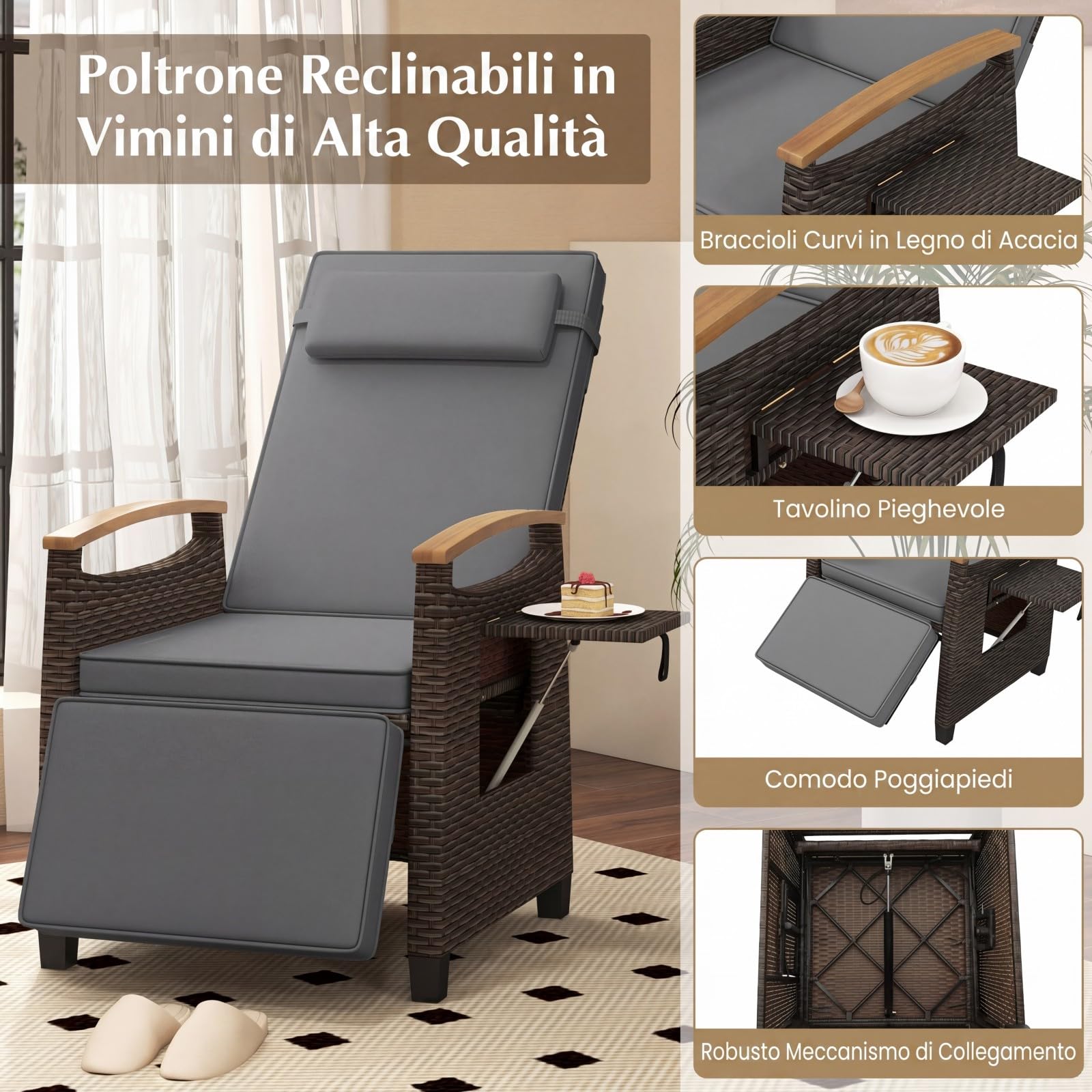 COSTWAY Poltrona Reclinabile da Giardino, Sedia Relax Esterno in Rattan con Schienale Regolabile a 150°, Poggiapiedi e Tavolino Pieghevole, Portata 180 kg, per Patio, Cortile e Terrazzo (Grigio,1)
