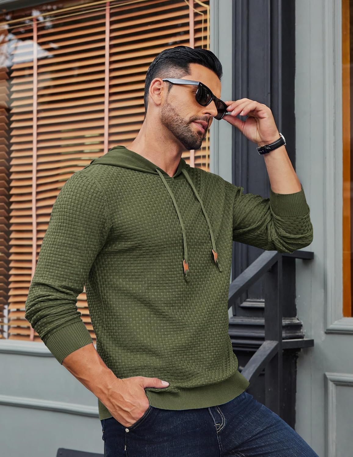 COOFANDY Mens Hooded Sweatshirt Casual Long Sleeve Drawstring Waffle Knit Hoodies Slim Fit Hoodies Pullover - Image 4