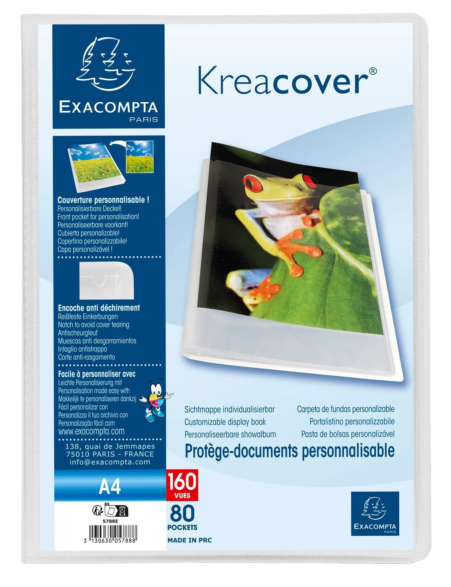 Exacompta 5788E 8er Pack Sichtmappe KreaCover Chromaline aus Kunststoff DIN A4 mit 80 Klarsichthüllen, 160 Sichten, Tasche am Vorderdeckel zum selbstgestalten, Aktenhülle, Prospekthülle, transparent