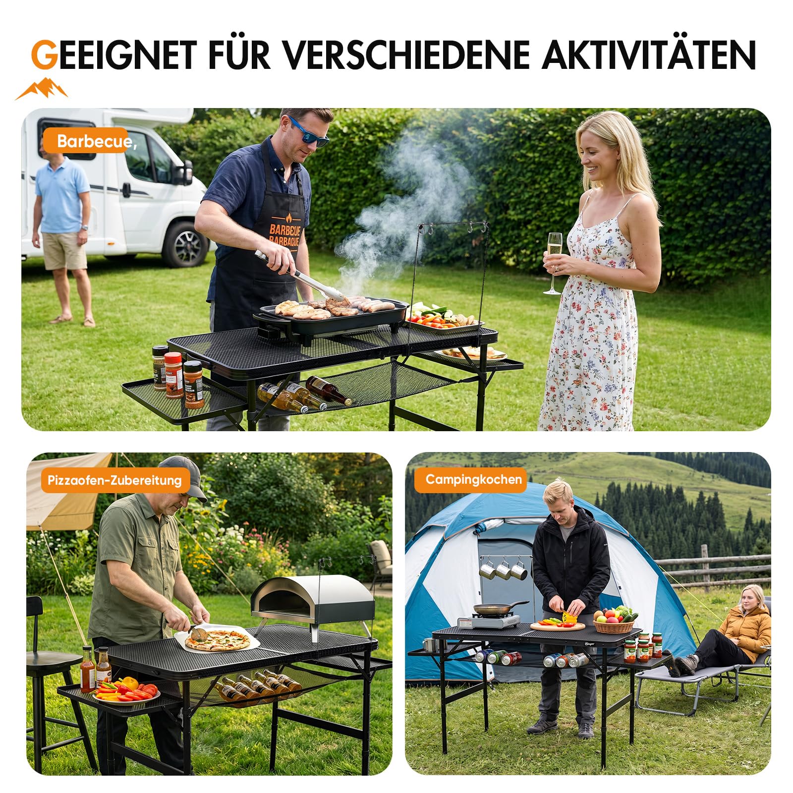 Campingtisch faltbar Grilltisch klappbar 144x60cm groß stabil Outdoor | Eisen-Mesh, wasserfest, hitzebeständig, feuerfest, 2 Höhen, 4-6 prosonen, multifunktionale Zonen, groß, stabil