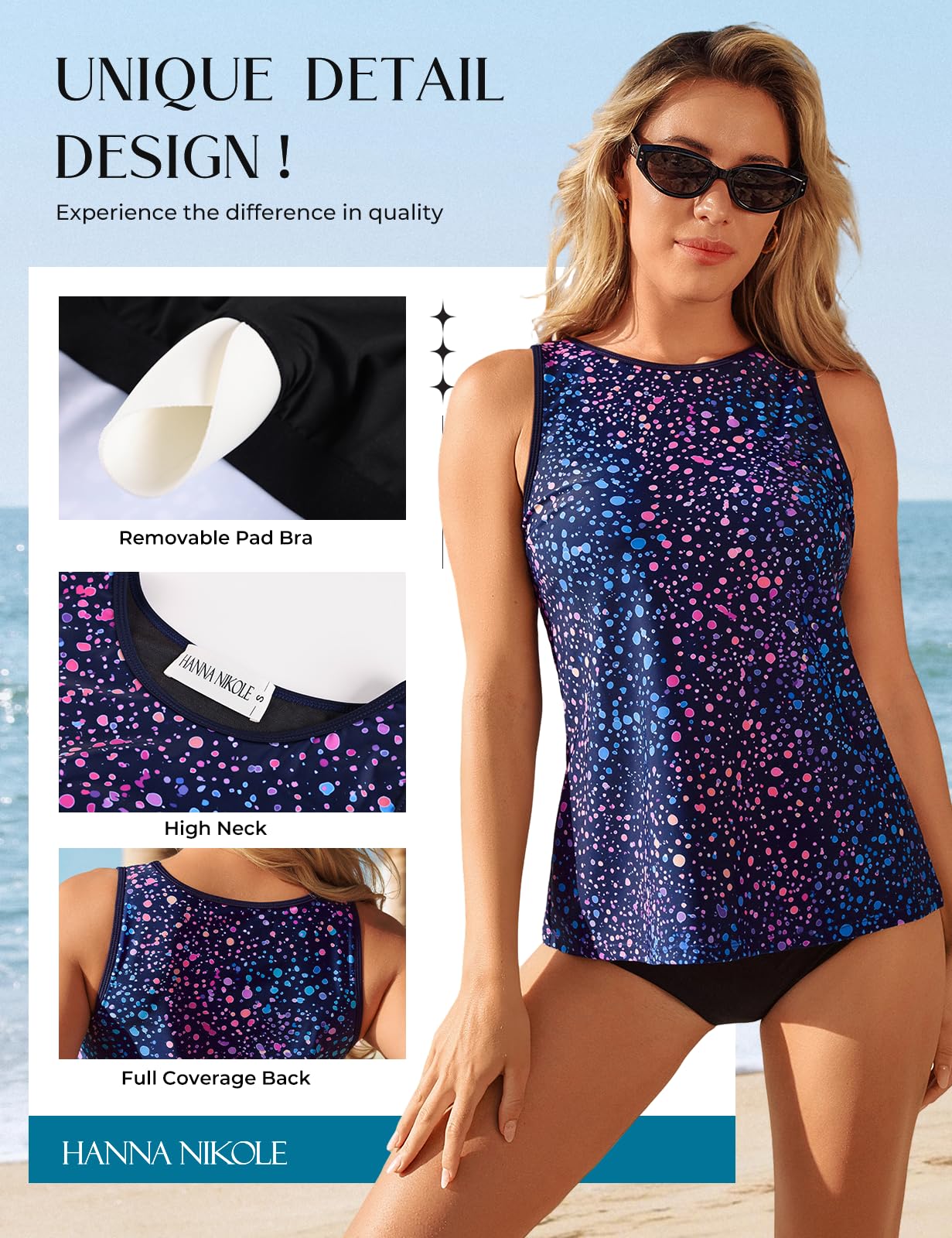 Hanna Nikole Tankini Top Mujer Individual, Traje de Baño Abdomen Top Sólo, modesta Camiseta sin Parte Inferior, Deportiva Bañera para Mujer