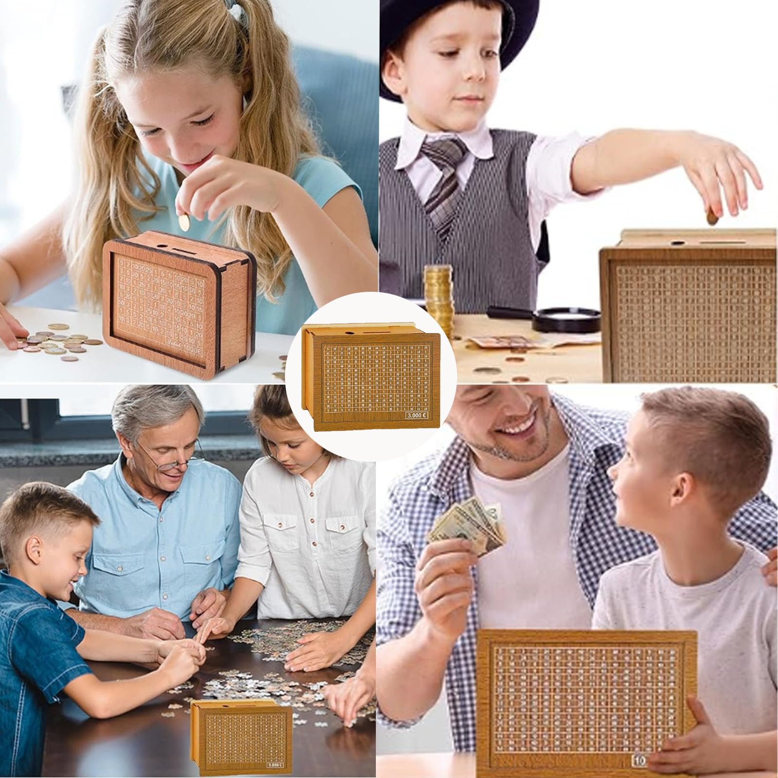 Tirelire En Bois Gravée Objectif 5000€ - Tirelire Réutilisable Avec Marqueur - Cadeau Épargne Enfants & Adultes