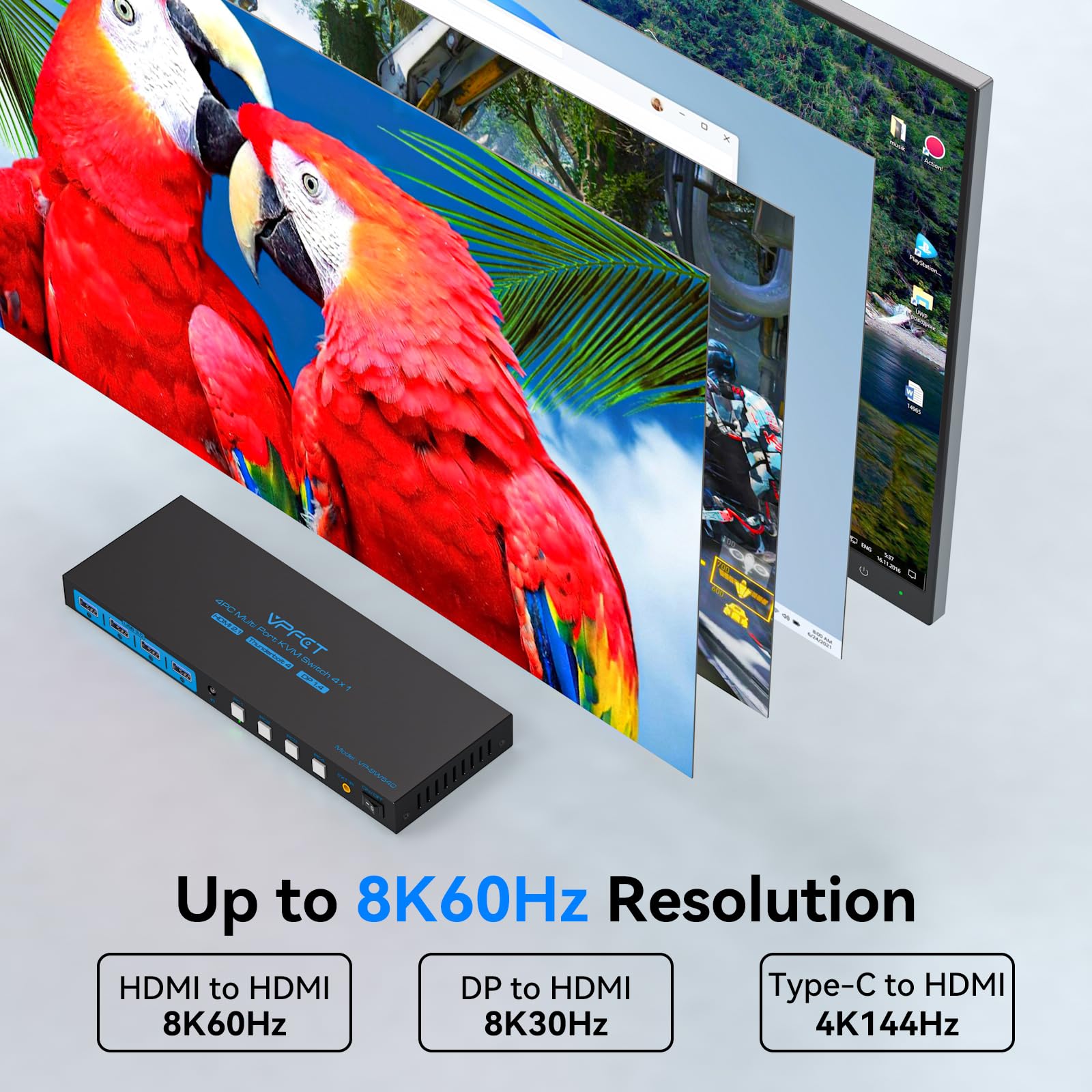 Interruptor KVM AILVLVNG 1 Monitor 4 Computadoras 4K144Hz Interruptor KVM de 4 Puertos para 4 PC Compartir un Solo Monitor y 4 Dispositivos USB 3.0, como Teclado, Ratón, Impresora, con Controlador